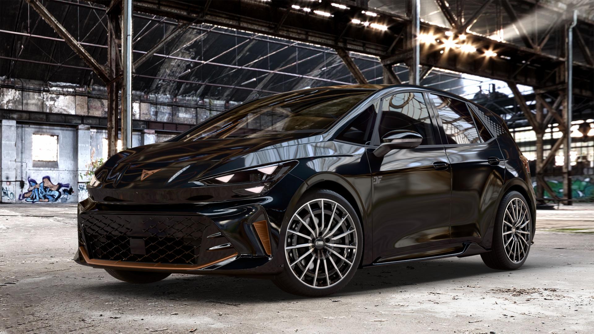 CMS C38 Diamond Black Gloss Felge mit Reifen silber schwarz in 20Zoll Winterfelge Alufelge auf metallic schwarzem Cupra Born Facelift Typ K1 ⬇️ mit 15mm Tieferlegung ⬇️ Old Industrial Hall_max_4400mm_2024 Frontansicht_1