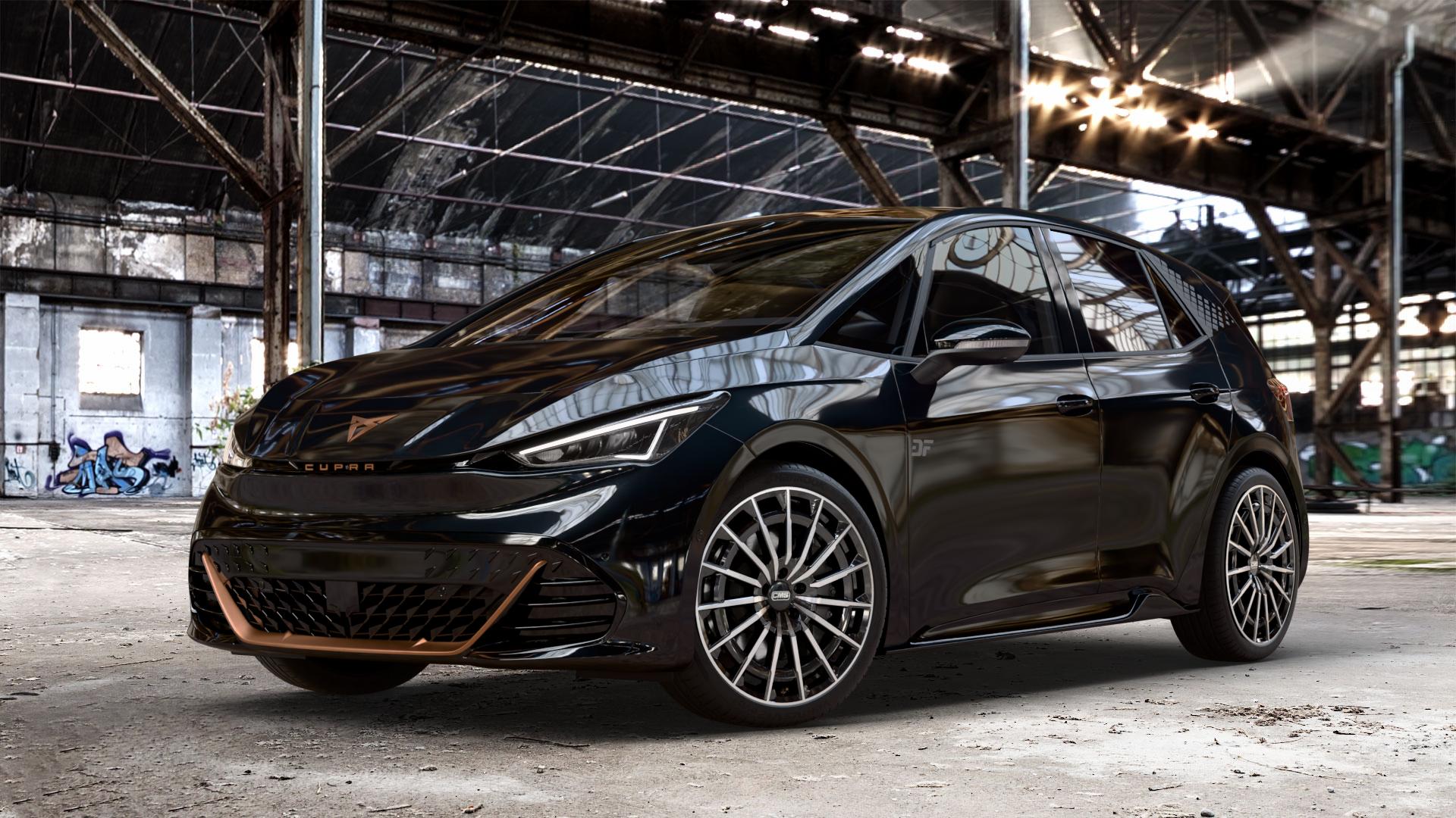 CMS C38 Diamond Black Gloss Felge mit Reifen silber schwarz in 20Zoll Winterfelge Alufelge auf metallic schwarzem Cupra Born Typ K1 ⬇️ mit 15mm Tieferlegung ⬇️ Old Industrial Hall_max_4400mm_2024 Frontansicht_1