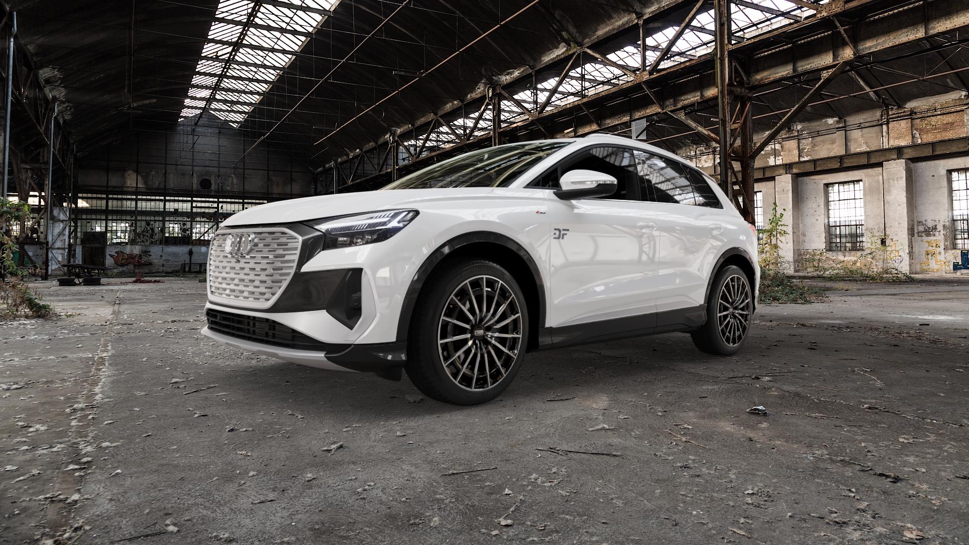 CMS C38 Diamond Black Gloss Felge mit Reifen silber schwarz in 20Zoll Winterfelge Alufelge auf weissem Audi Q4 Typ FZ ⬇️ mit 15mm Tieferlegung ⬇️ Old Industrial Hall_max5000mm_2022 Frontansicht_1