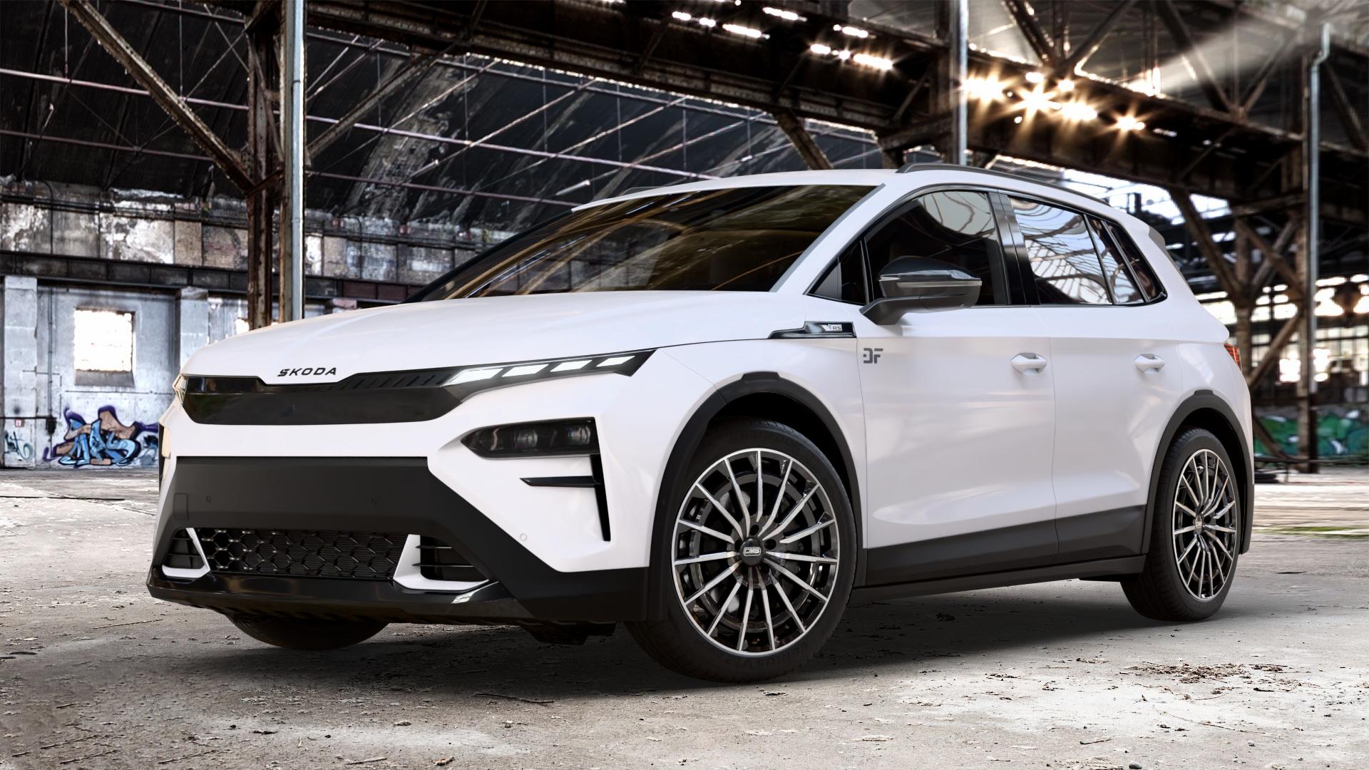CMS C38 Diamond Black Gloss Felge mit Reifen silber schwarz in 20Zoll Winterfelge Alufelge auf weissem Skoda Elroq Typ NY 0,0l 77kW RS (105 PS) ⬇️ mit 15mm Tieferlegung ⬇️ Old Industrial Hall_max_4400mm_2024 Frontansicht_1