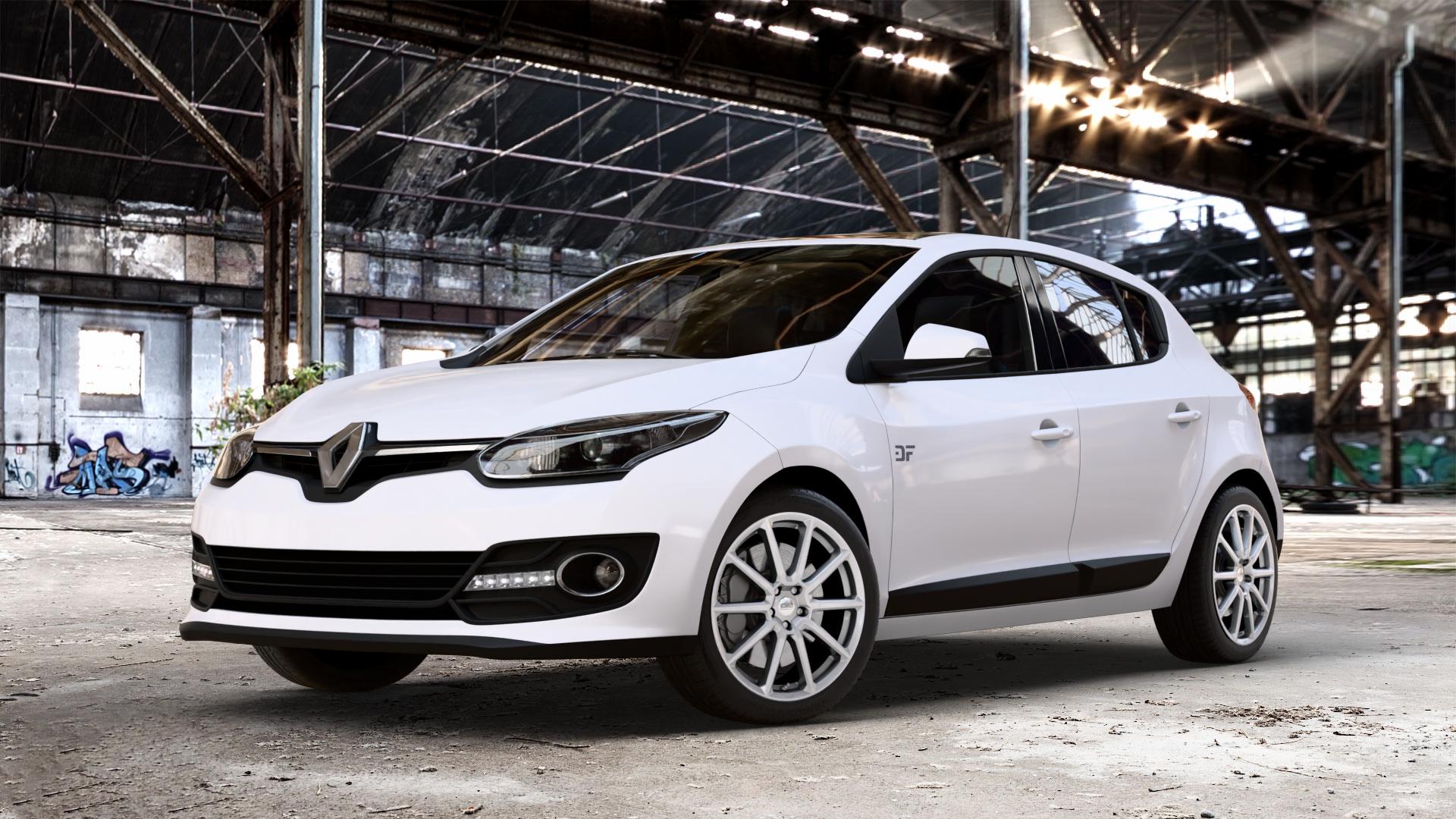 CMS C39 Racing Silver Felge mit Reifen silber in 17Zoll Winterfelge Alufelge auf weissem Renault Megane III Schrägheck Typ Z ⬇️ mit 15mm Tieferlegung ⬇️ Old Industrial Hall_max_4400mm_2024 Frontansicht_1