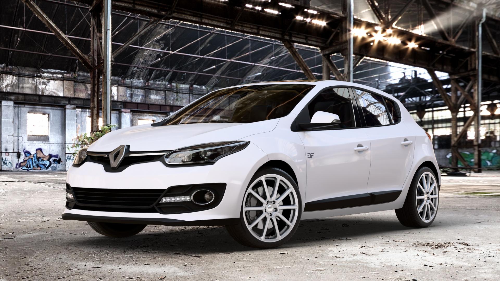 CMS C39 Racing Silver Felge mit Reifen silber in 18Zoll Winterfelge Alufelge auf weissem Renault Megane III Schrägheck Typ Z ⬇️ mit 15mm Tieferlegung ⬇️ Old Industrial Hall_max_4400mm_2024 Frontansicht_1