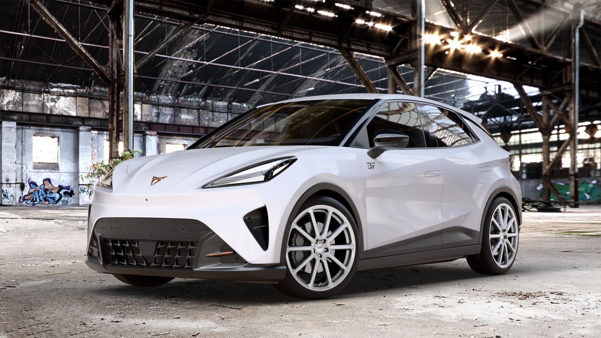 CMS C39 Racing Silver Felge mit Reifen silber in 19Zoll Winterfelge Alufelge auf weissem Cupra Raval Typ KS ⬇️ mit 15mm Tieferlegung ⬇️ Old Industrial Hall_max_4400mm_2024 Frontansicht_1