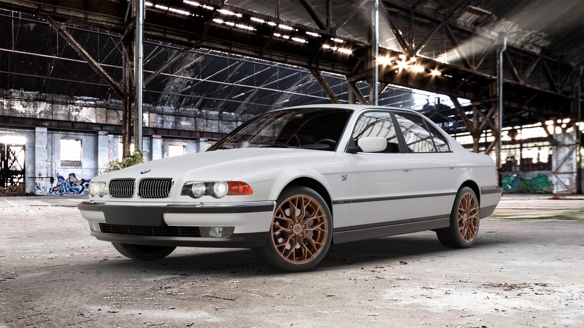 Concaver CVR1 Brushed Bronze Felge mit Reifen in 19Zoll Winterfelge Alufelge auf weissem BMW 7er E38 Limousine (7/G, 7/GK) ⬇️ mit 15mm Tieferlegung ⬇️ Old Industrial Hall_max_5300mm_2024 Frontansicht_1