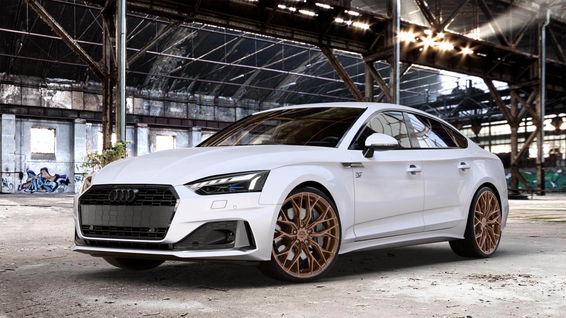 Concaver CVR1 Brushed Bronze Felge mit Reifen in 20Zoll Winterfelge Alufelge auf weissem Audi A5 Typ B9 (Sportback) Facelift ⬇️ mit 15mm Tieferlegung ⬇️ Old Industrial Hall_max_4400mm_2024 Frontansicht_1