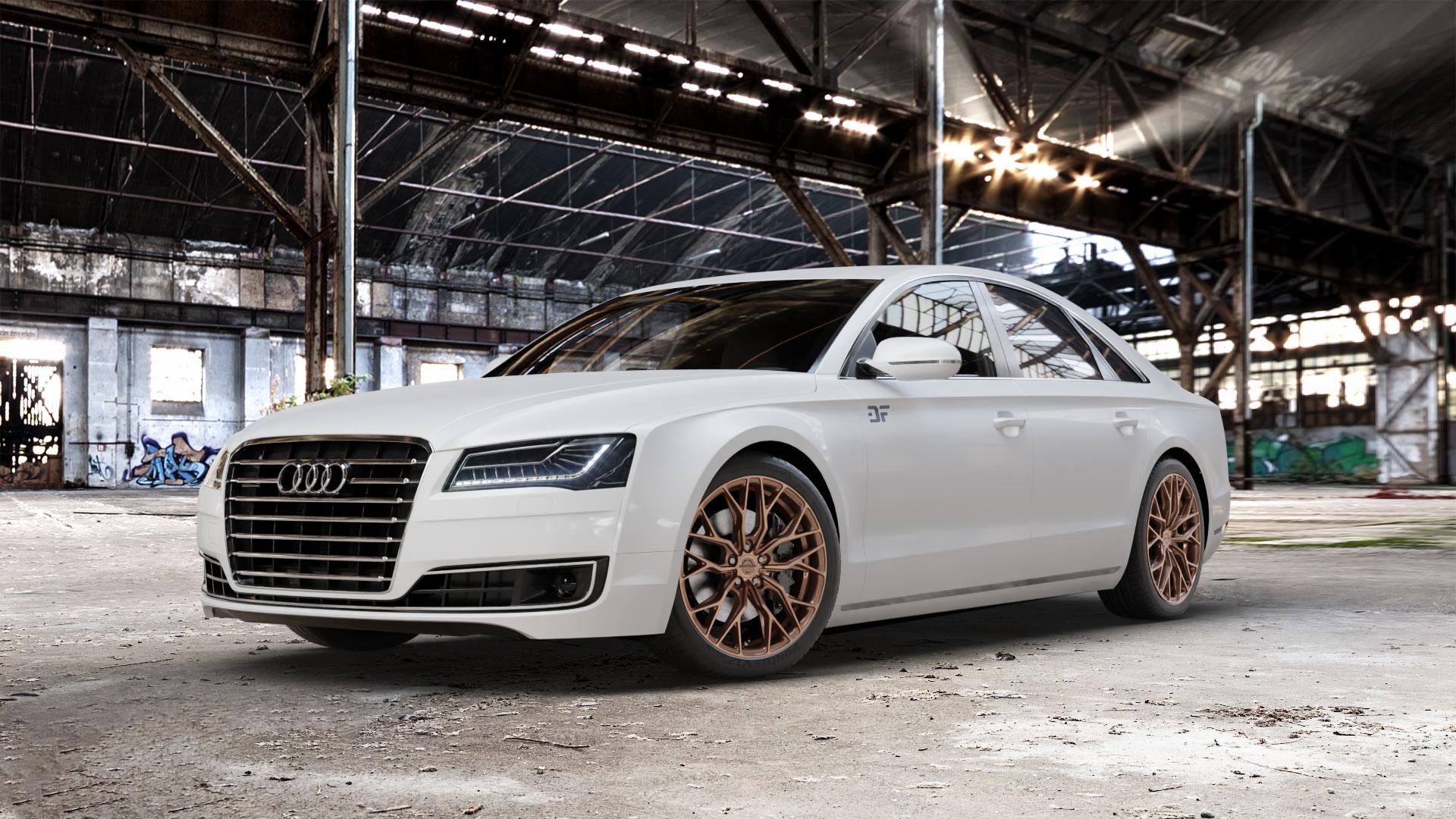 Concaver CVR1 Brushed Bronze Felge mit Reifen in 20Zoll Winterfelge Alufelge auf weissem Audi A8 Typ D4/4H Facelift ⬇️ mit 15mm Tieferlegung ⬇️ Old Industrial Hall_max_5300mm_2024 Frontansicht_1