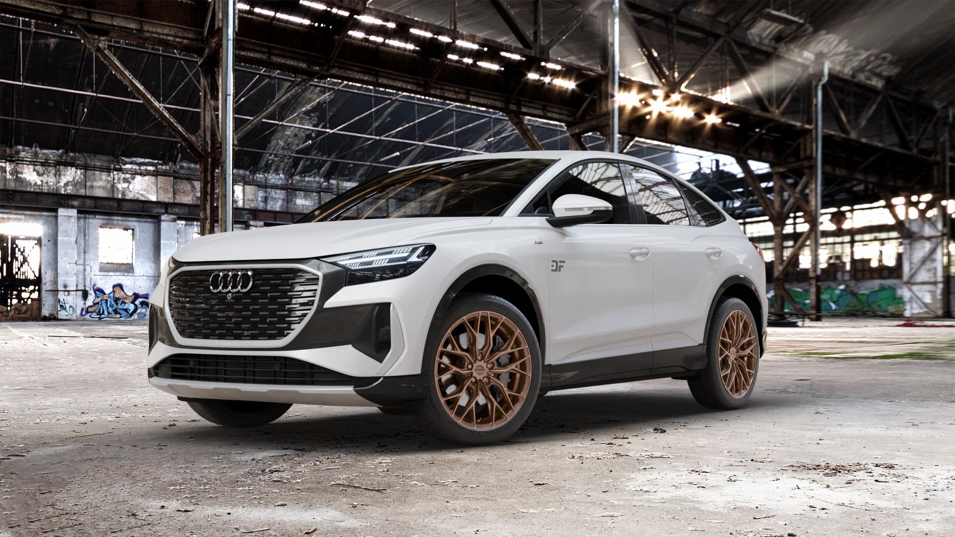 Concaver CVR1 Brushed Bronze Felge mit Reifen in 20Zoll Winterfelge Alufelge auf weissem Audi Q4 Sportback Typ FZ e-tron ⬇️ mit 15mm Tieferlegung ⬇️ Old Industrial Hall_max_5300mm_2024 Frontansicht_1