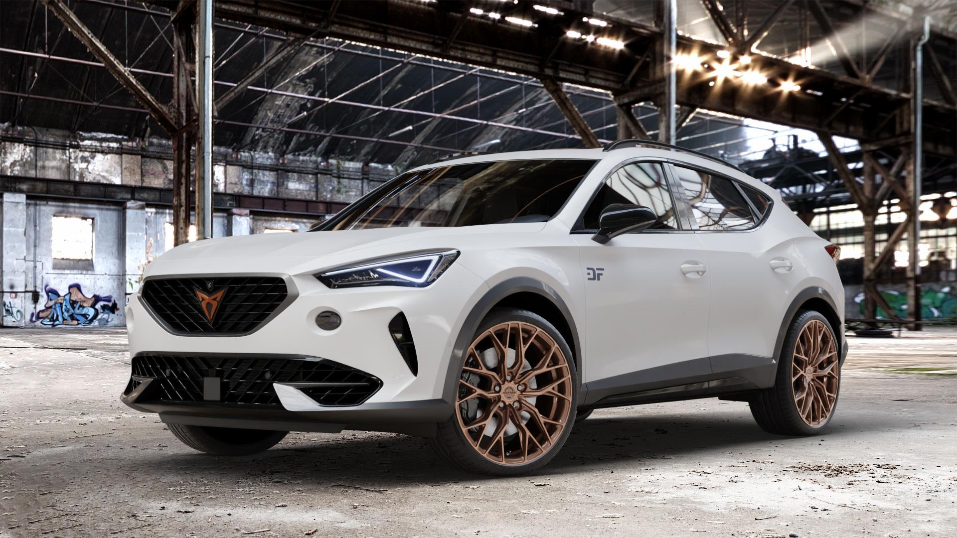 Concaver CVR1 Brushed Bronze Felge mit Reifen in 20Zoll Winterfelge Alufelge auf weissem Cupra Formentor Typ KM ⬇️ mit 15mm Tieferlegung ⬇️ Old Industrial Hall_max_4400mm_2024 Frontansicht_1