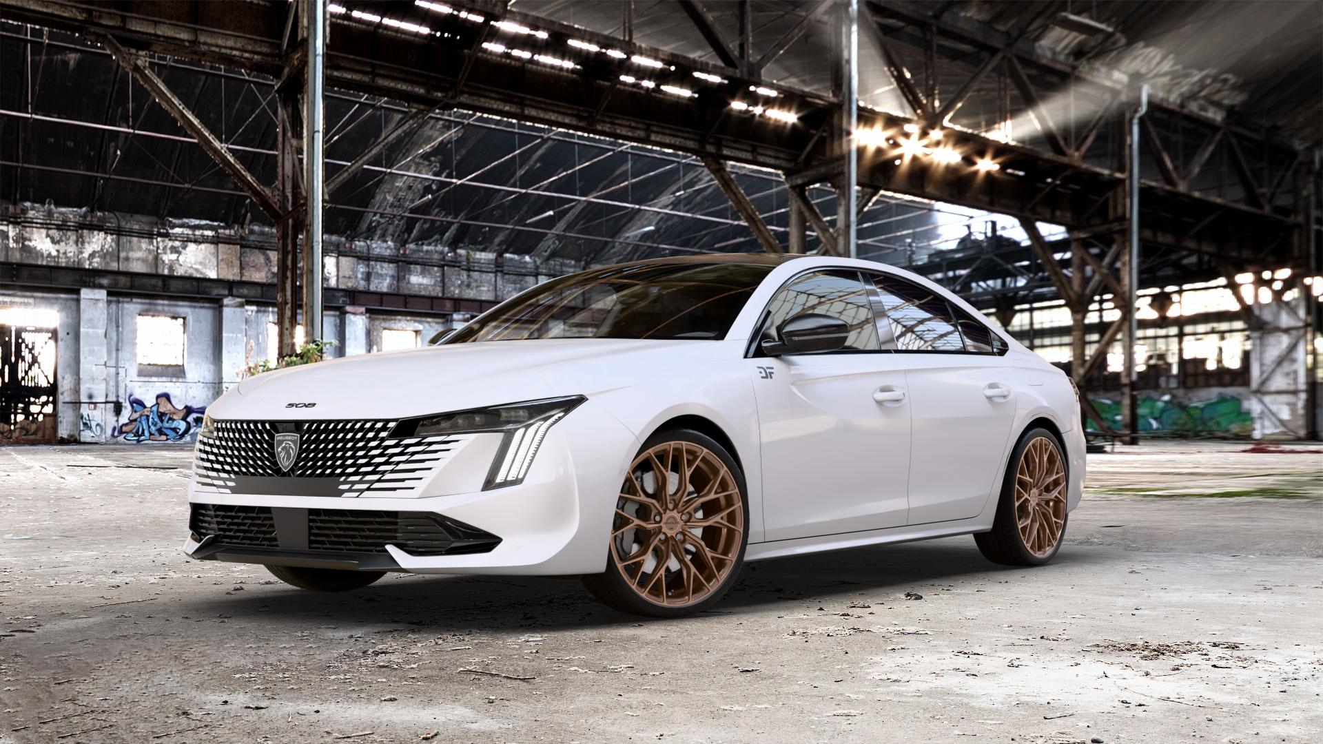 Concaver CVR1 Brushed Bronze Felge mit Reifen in 20Zoll Winterfelge Alufelge auf weissem Peugeot 508 Typ F Limousine Facelift ⬇️ mit 15mm Tieferlegung ⬇️ Old Industrial Hall_max_5300mm_2024 Frontansicht_1