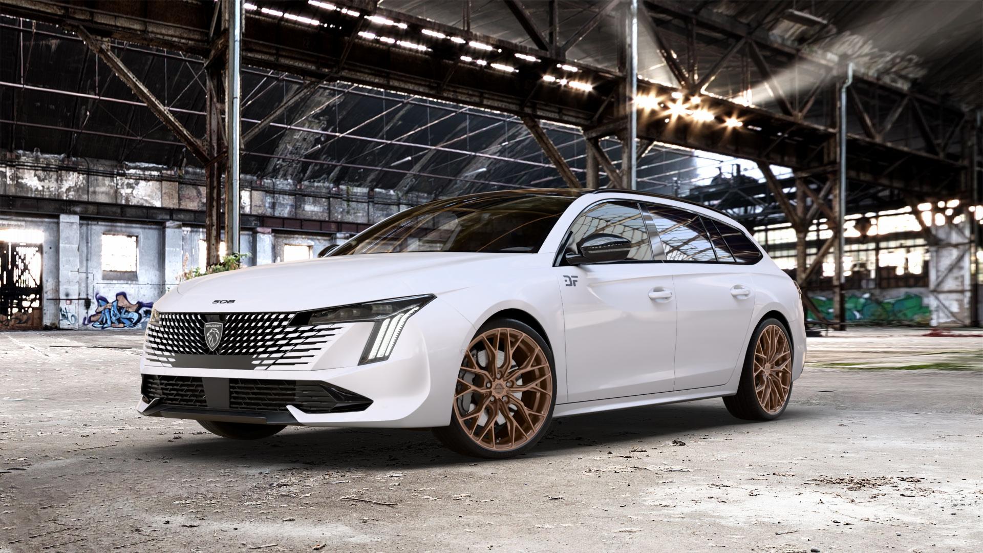 Concaver CVR1 Brushed Bronze Felge mit Reifen in 20Zoll Winterfelge Alufelge auf weissem Peugeot 508 Typ F SW Facelift ⬇️ mit 15mm Tieferlegung ⬇️ Old Industrial Hall_max_5300mm_2024 Frontansicht_1
