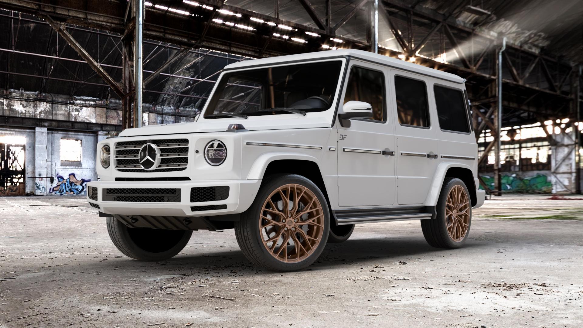 Concaver CVR1 Brushed Bronze Felge mit Reifen in 22Zoll Winterfelge Alufelge auf weissem Mercedes G-Klasse Typ W463 Facelift (18->) ⬇️ mit 15mm Tieferlegung ⬇️ Old Industrial Hall_max_5300mm_2024 Frontansicht_1