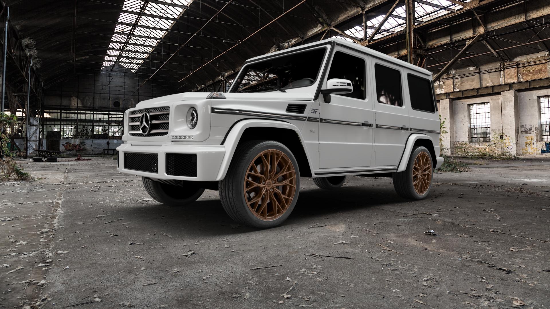 Concaver CVR1 Brushed Bronze Felge mit Reifen in 22Zoll Winterfelge Alufelge auf weissem Mercedes G-Klasse Typ W463 ⬇️ mit 15mm Tieferlegung ⬇️ Old Industrial Hall_max5000mm_2022 Frontansicht_1