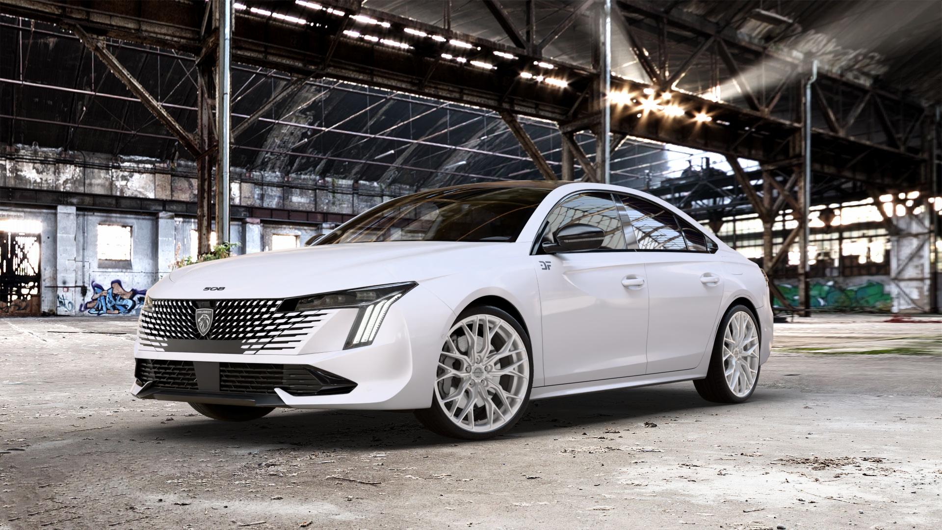 Concaver CVR1 Brushed Titanium Felge mit Reifen grau silber in 20Zoll Winterfelge Alufelge auf weissem Peugeot 508 Typ F Limousine Facelift ⬇️ mit 15mm Tieferlegung ⬇️ Old Industrial Hall_max_5300mm_2024 Frontansicht_1