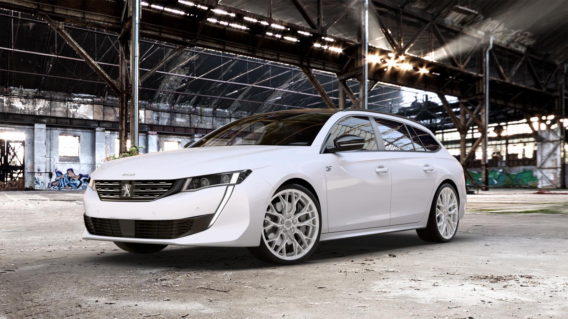 Concaver CVR1 Brushed Titanium Felge mit Reifen grau silber in 20Zoll Winterfelge Alufelge auf weissem Peugeot 508 Typ F SW ⬇️ mit 15mm Tieferlegung ⬇️ Old Industrial Hall_max_5300mm_2024 Frontansicht_1