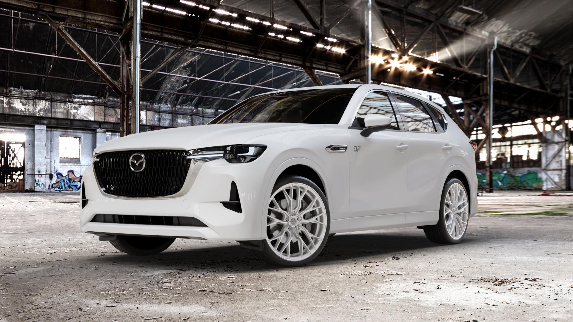 Concaver CVR1 Brushed Titanium Felge mit Reifen grau silber in 22Zoll Winterfelge Alufelge auf weissem Mazda CX-60 Typ KH01 ⬇️ mit 15mm Tieferlegung ⬇️ Old Industrial Hall_max_5300mm_2024 Frontansicht_1