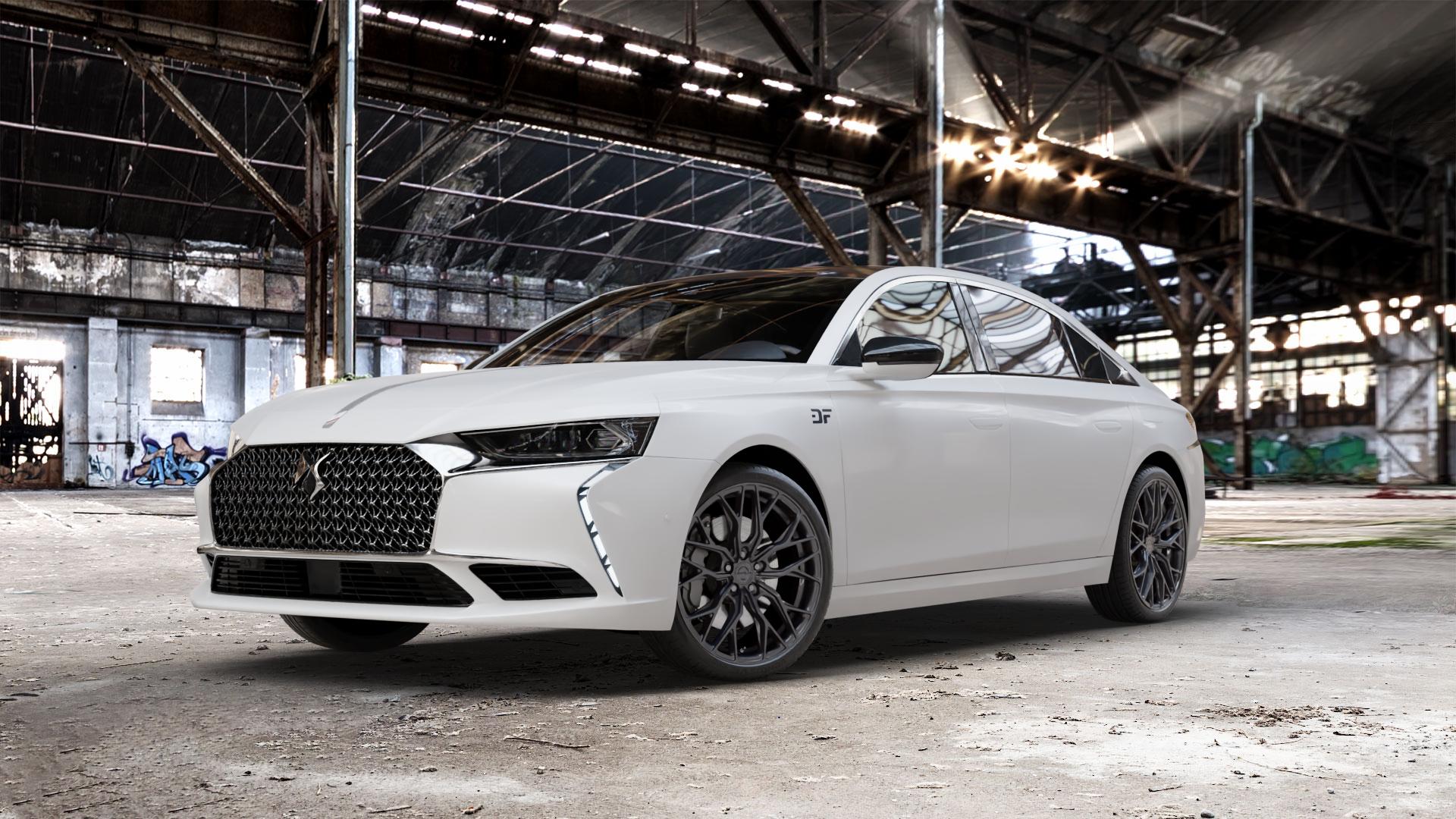 Concaver CVR1 Carbon Graphite Felge mit Reifen grau schwarz in 20Zoll Winterfelge Alufelge auf weissem DS Automobiles DS9 Typ X ⬇️ mit 15mm Tieferlegung ⬇️ Old Industrial Hall_max_5300mm_2024 Frontansicht_1