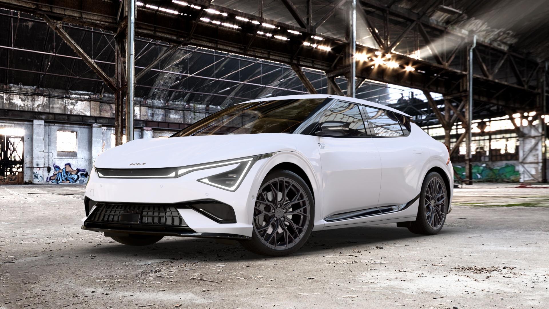 Concaver CVR1 Carbon Graphite Felge mit Reifen grau schwarz in 21Zoll Winterfelge Alufelge auf weissem Kia EV6 Typ CV Facelift 0,0l GT AWD 159kW (216 PS) ⬇️ mit 15mm Tieferlegung ⬇️ Old Industrial Hall_max_5300mm_2024 Frontansicht_1