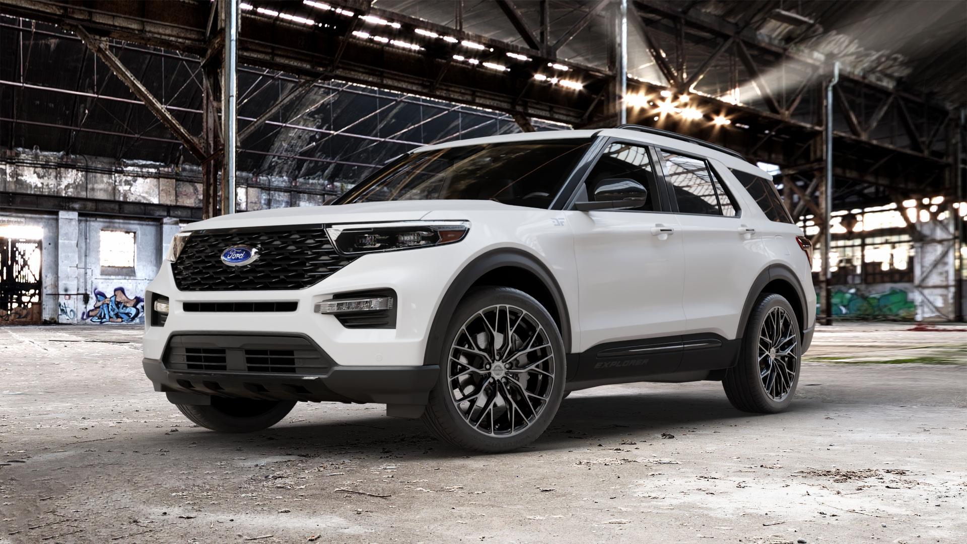 Concaver CVR1 Double Tinted Black Felge mit Reifen grau schwarz in 22Zoll Winterfelge Alufelge auf weissem Ford Explorer Typ WUJ ⬇️ mit 15mm Tieferlegung ⬇️ Old Industrial Hall_max_5300mm_2024 Frontansicht_1