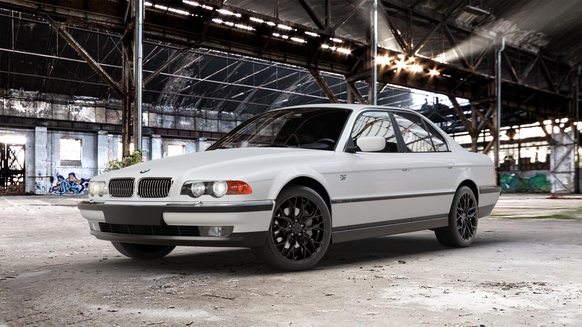 Concaver CVR1 Platinum Black Felge mit Reifen grau schwarz in 19Zoll Winterfelge Alufelge auf weissem BMW 7er E38 Limousine (7/G, 7/GK) ⬇️ mit 15mm Tieferlegung ⬇️ Old Industrial Hall_max_5300mm_2024 Frontansicht_1