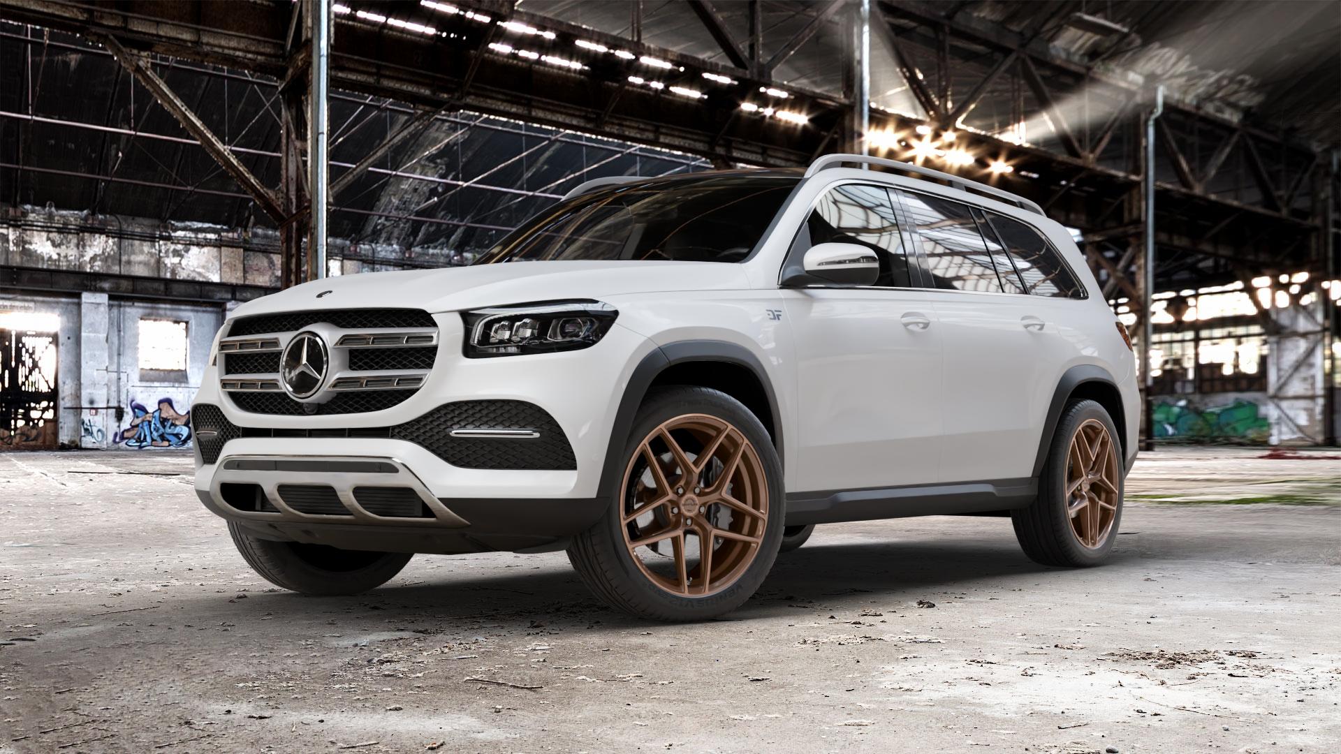 Concaver CVR2 Brushed Bronze Felge mit Reifen in 22Zoll Winterfelge Alufelge auf weissem Mercedes GLS-Klasse Typ 167 (H1GLE) 2,9l 350 d 4Matic 210kW (286 PS) 400 243kW (330 4,0l 580 360kW Mild-Hybrid (489 ⬇️ mit 15mm Tieferlegung ⬇️ Old Industrial Hall_max_5300mm_2024 Frontansicht_1