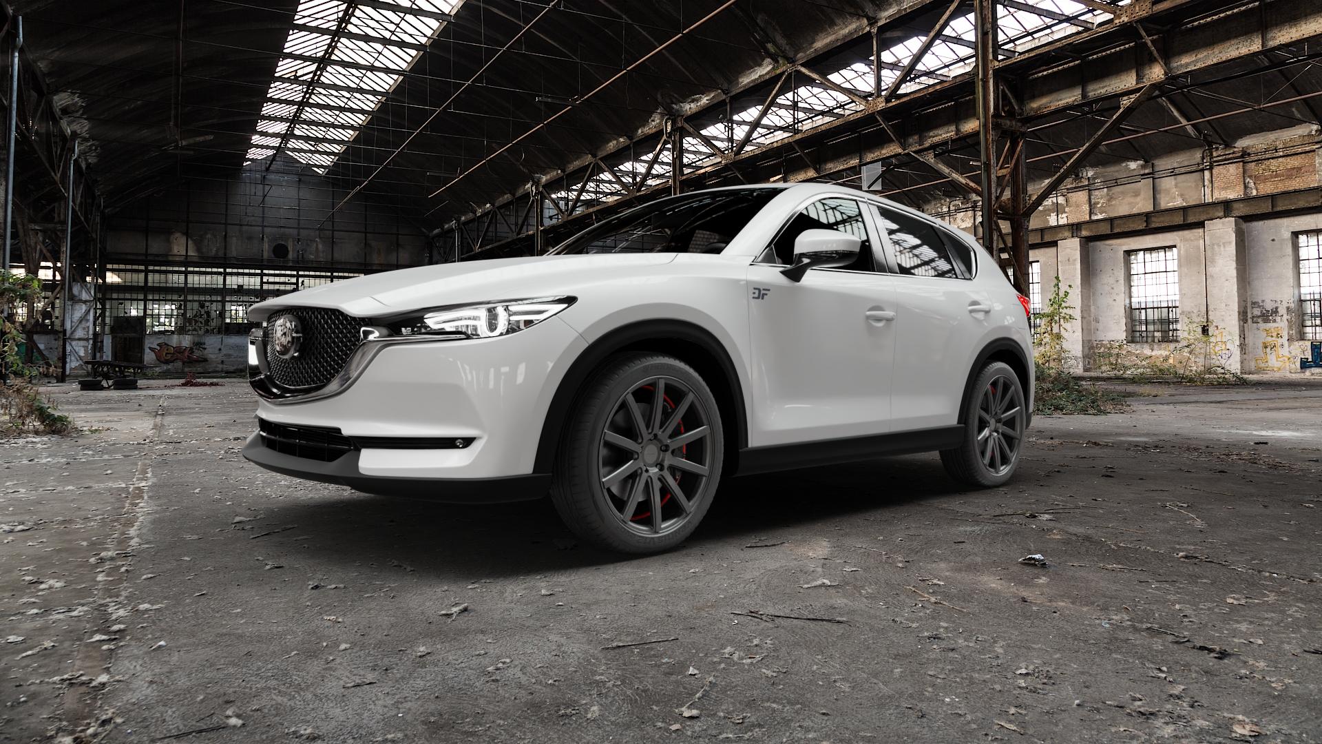 Corspeed Deville Gunmetal/ undercut Color Trim rot Felge mit Reifen grau mehrfarbig in 20Zoll Winterfelge Alufelge auf weissem Mazda CX-5 Typ KF ⬇️ mit 15mm Tieferlegung ⬇️ Old Industrial Hall_max5000mm_2022 Frontansicht_1