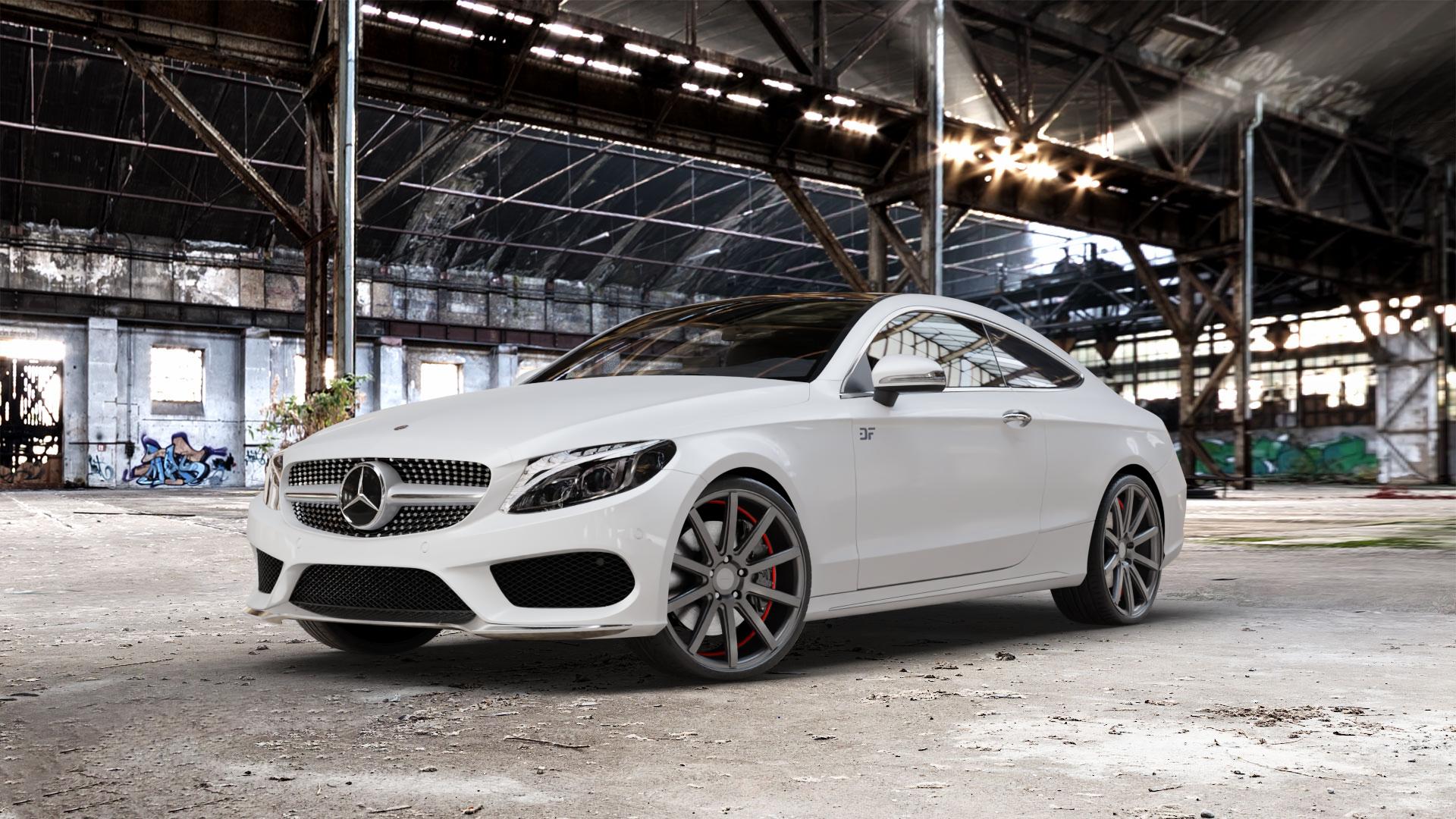 Corspeed Deville Gunmetal/ undercut Color Trim rot Felge mit Reifen grau mehrfarbig in 20Zoll Winterfelge Alufelge auf weissem Mercedes C-Klasse Typ C205 Coupe Facelift ⬇️ mit 15mm Tieferlegung ⬇️ Old Industrial Hall_max_5300mm_2024 Frontansicht_1