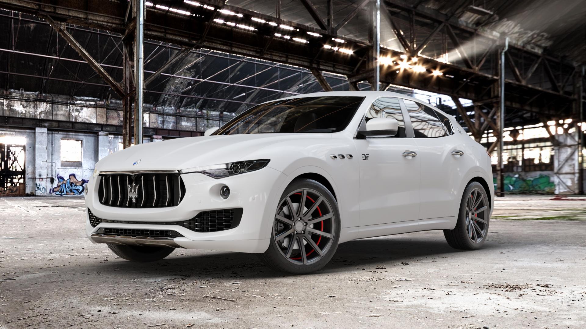 Corspeed Deville Gunmetal/ undercut Color Trim rot Felge mit Reifen grau mehrfarbig in 21Zoll Winterfelge Alufelge auf weissem Maserati Levante Typ M156 ⬇️ mit 15mm Tieferlegung ⬇️ Old Industrial Hall_max_5300mm_2024 Frontansicht_1