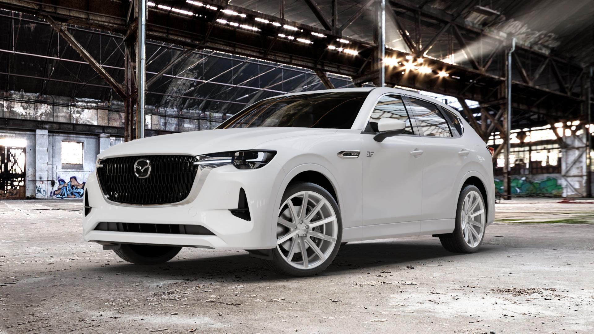 Corspeed Deville Silver-brushed-Surface Felge mit Reifen silber in 21Zoll Winterfelge Alufelge auf weissem Mazda CX-60 Typ KH01 ⬇️ mit 15mm Tieferlegung ⬇️ Old Industrial Hall_max_5300mm_2024 Frontansicht_1
