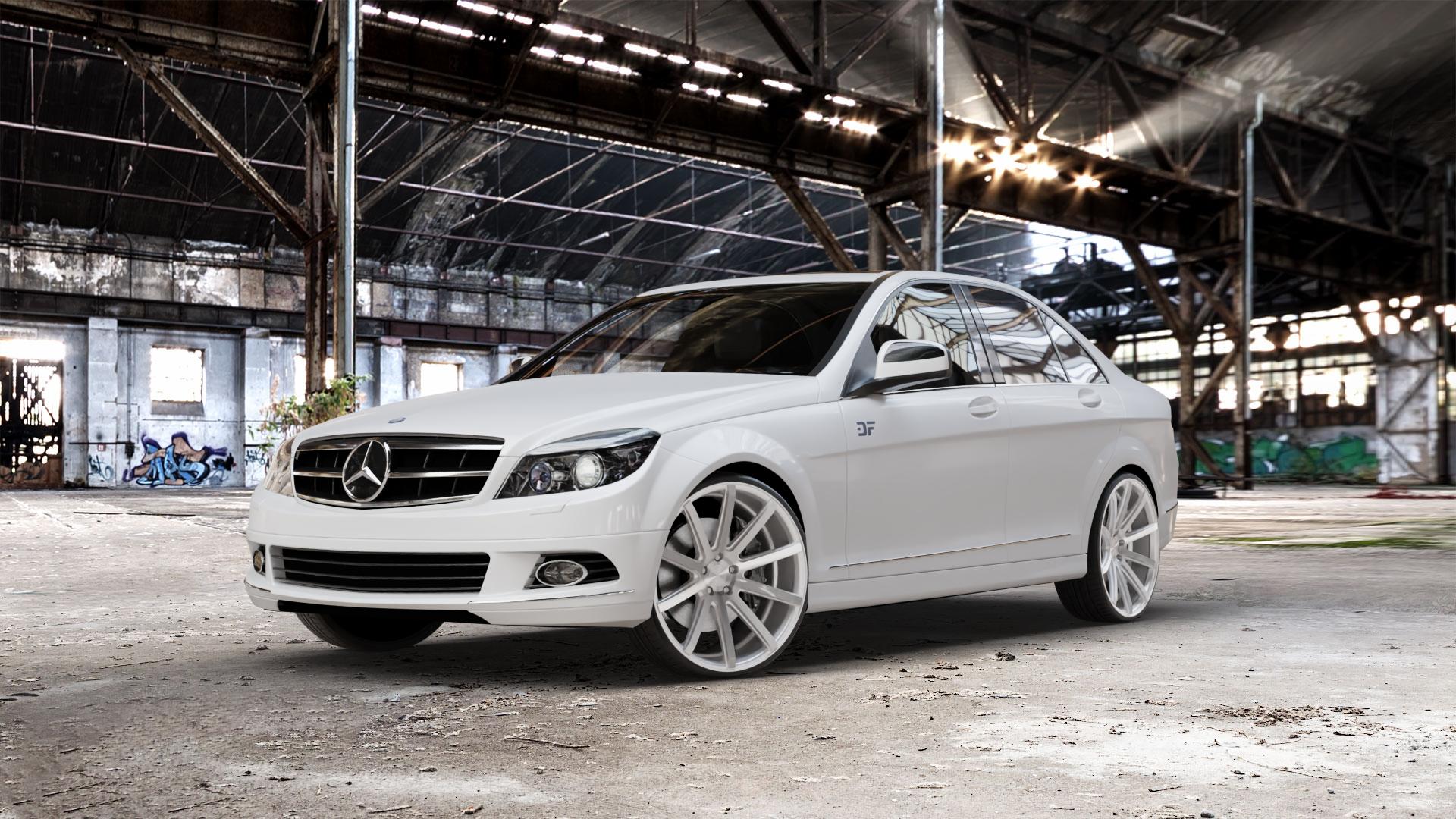 Corspeed Deville Silver-brushed-Surface Felge mit Reifen silber in 21Zoll Winterfelge Alufelge auf weissem Mercedes C-Klasse Typ W204 Limousine ⬇️ mit 15mm Tieferlegung ⬇️ Old Industrial Hall_max_5300mm_2024 Frontansicht_1