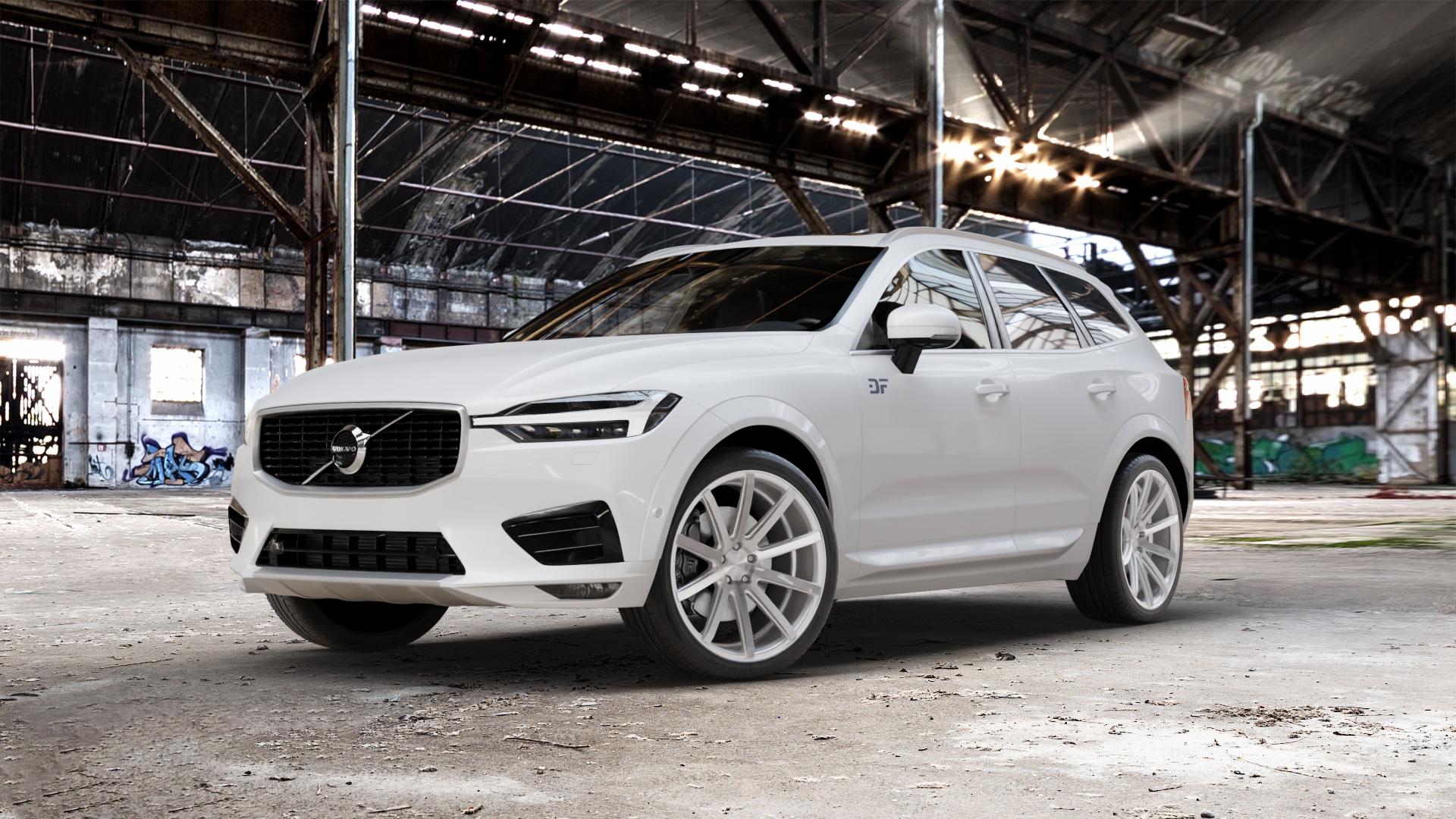 Corspeed Deville Silver-brushed-Surface Felge mit Reifen silber in 21Zoll Winterfelge Alufelge auf weissem Volvo XC60 Typ U ⬇️ mit 15mm Tieferlegung ⬇️ Old Industrial Hall_max_5300mm_2024 Frontansicht_1