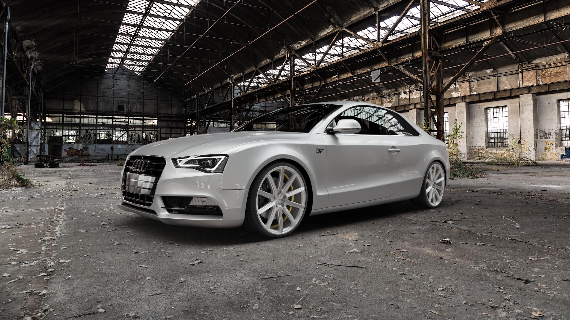 Corspeed Deville Silver-brushed-Surface/ undercut Color Trim gelb Felge mit Reifen silber mehrfarbig in 20Zoll Alufelge auf silbernem Audi A5 Typ B8 (Cabriolet) Facelift (Coupé) ⬇️ mit 15mm Tieferlegung ⬇️ Old Industrial Hall_max5000mm_2022 Frontansicht_1