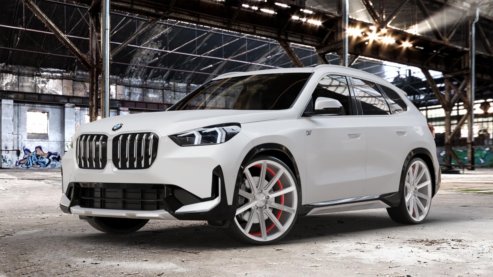 Corspeed Deville Silver-brushed-Surface/ undercut Color Trim rot Felge mit Reifen silber silber metallic in 22Zoll Winterfelge Alufelge auf weissem BMW X1 Typ U11 (U1X) ⬇️ mit 15mm Tieferlegung ⬇️ Old Industrial Hall_max_4400mm_2024 Frontansicht_1