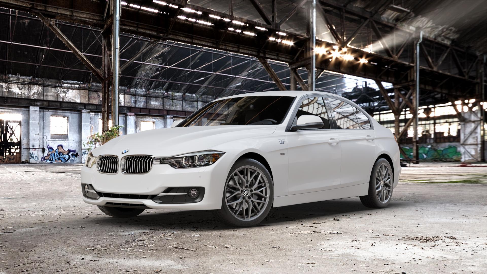 Damina Performance DM08 Anthrazit Felge mit Reifen grau in 18Zoll Winterfelge Alufelge auf weissem BMW 320i Typ F30 (Limousine) 328i 335i 320d 318d 316d 316i 330d xDrive EffDyn Edition 325d 335d ActiveHybrid 3L (F30) 318i 330i 340i 330e iPerformance 3er Limous ⬇️ mit 15mm Tieferlegung ⬇️ Old Industrial Hall_max_5300mm_2024 Frontansicht_1