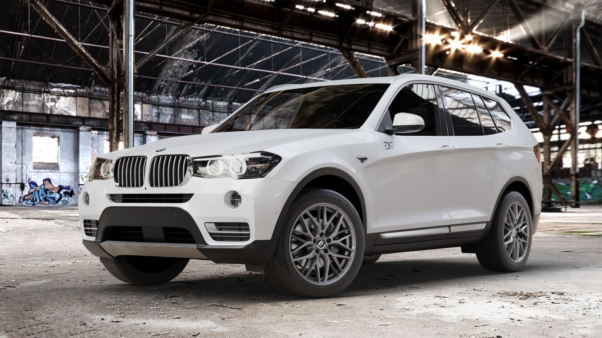 Damina Performance DM08 Anthrazit Felge mit Reifen grau in 18Zoll Winterfelge Alufelge auf weissem BMW X3 Typ F25 (X3, X-N1) Facelift ⬇️ mit 15mm Tieferlegung ⬇️ Old Industrial Hall_max_4400mm_2024 Frontansicht_1