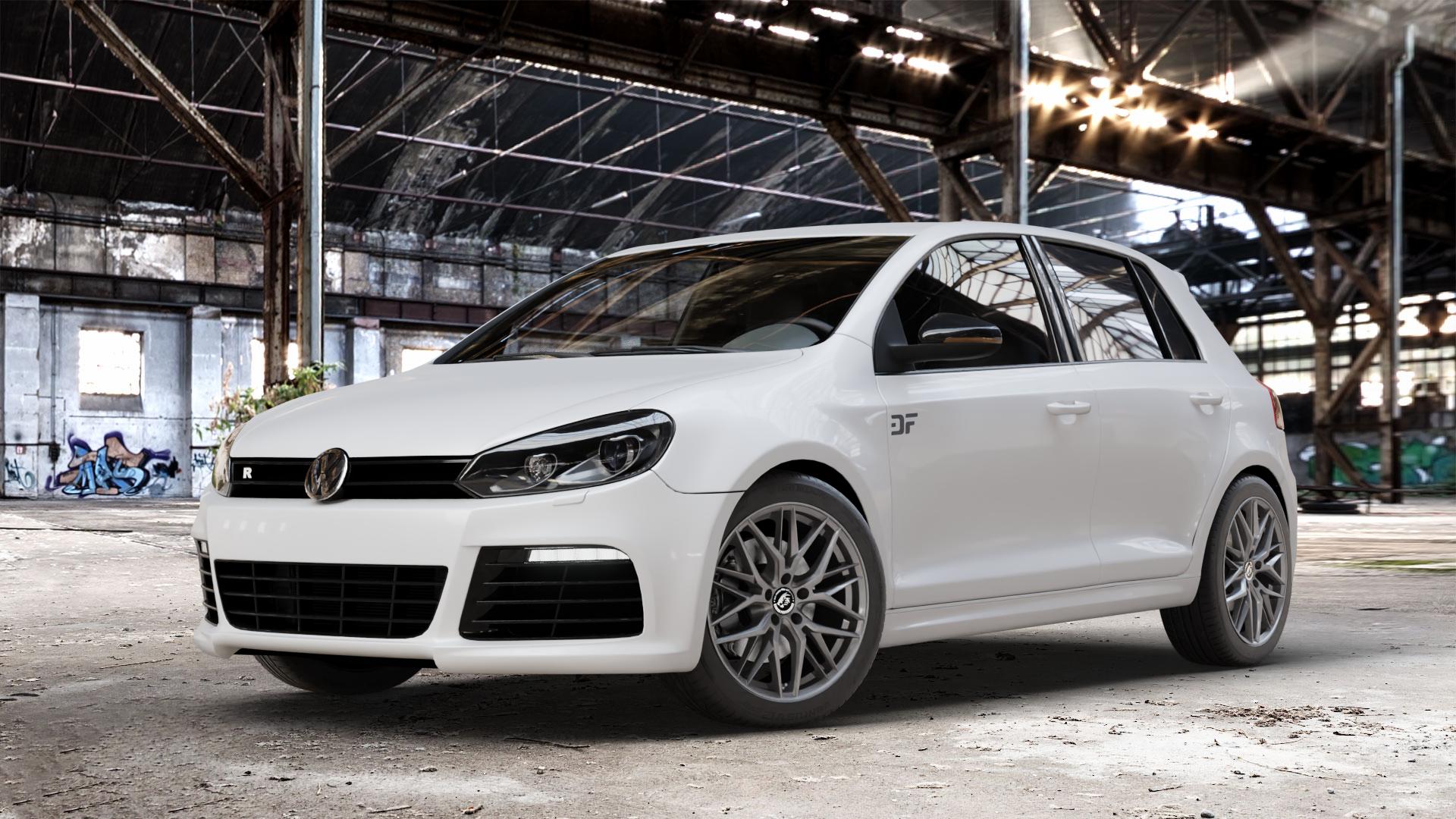 Damina Performance DM08 Anthrazit Felge mit Reifen grau in 18Zoll Winterfelge Alufelge auf weissem Volkswagen (VW) Golf 6 2,0l Turbo R 4motion 199kW (271 PS) ⬇️ mit 15mm Tieferlegung ⬇️ Old Industrial Hall_max_4400mm_2024 Frontansicht_1