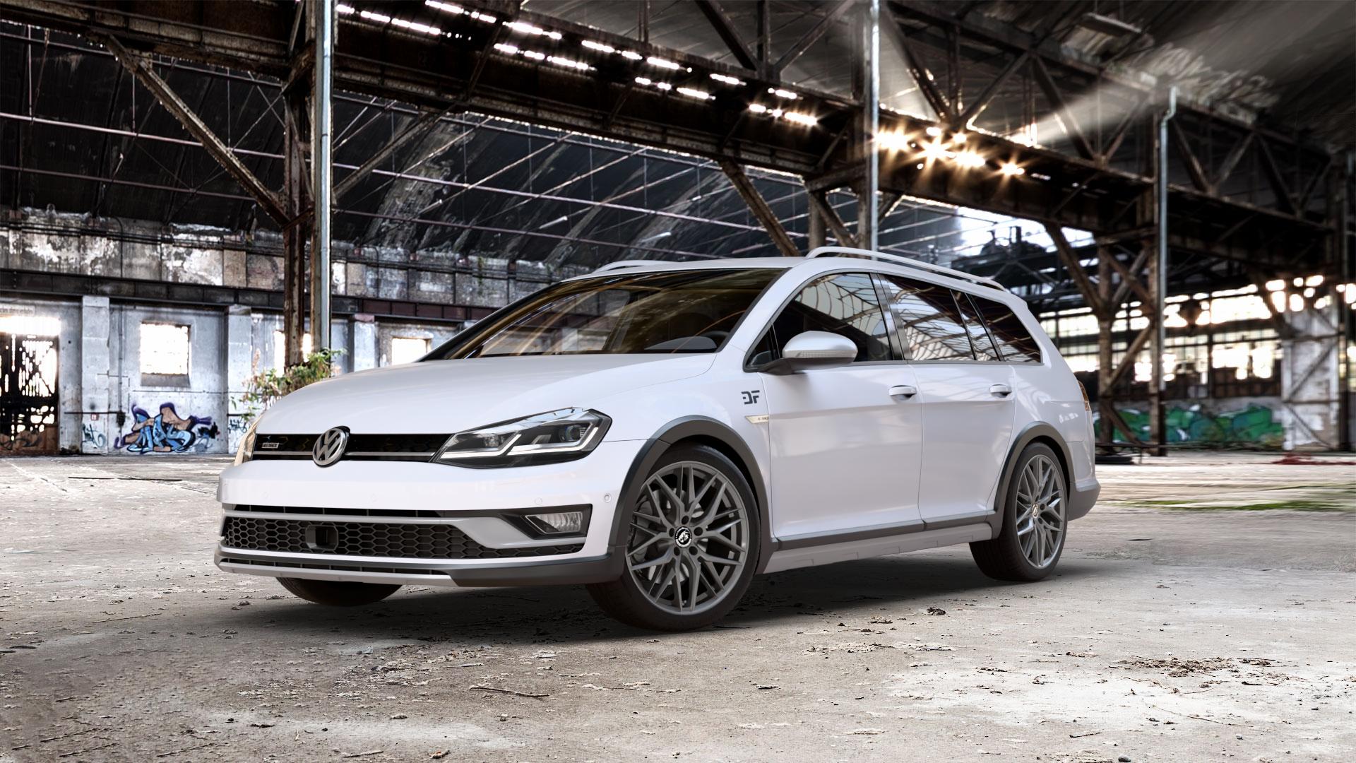 Damina Performance DM08 Anthrazit Felge mit Reifen grau in 18Zoll Winterfelge Alufelge auf weissem Volkswagen (VW) Golf 7 Alltrack 2,0l TDI 4Motion 135kW (184 PS) ⬇️ mit 15mm Tieferlegung ⬇️ Old Industrial Hall_max_5300mm_2024 Frontansicht_1