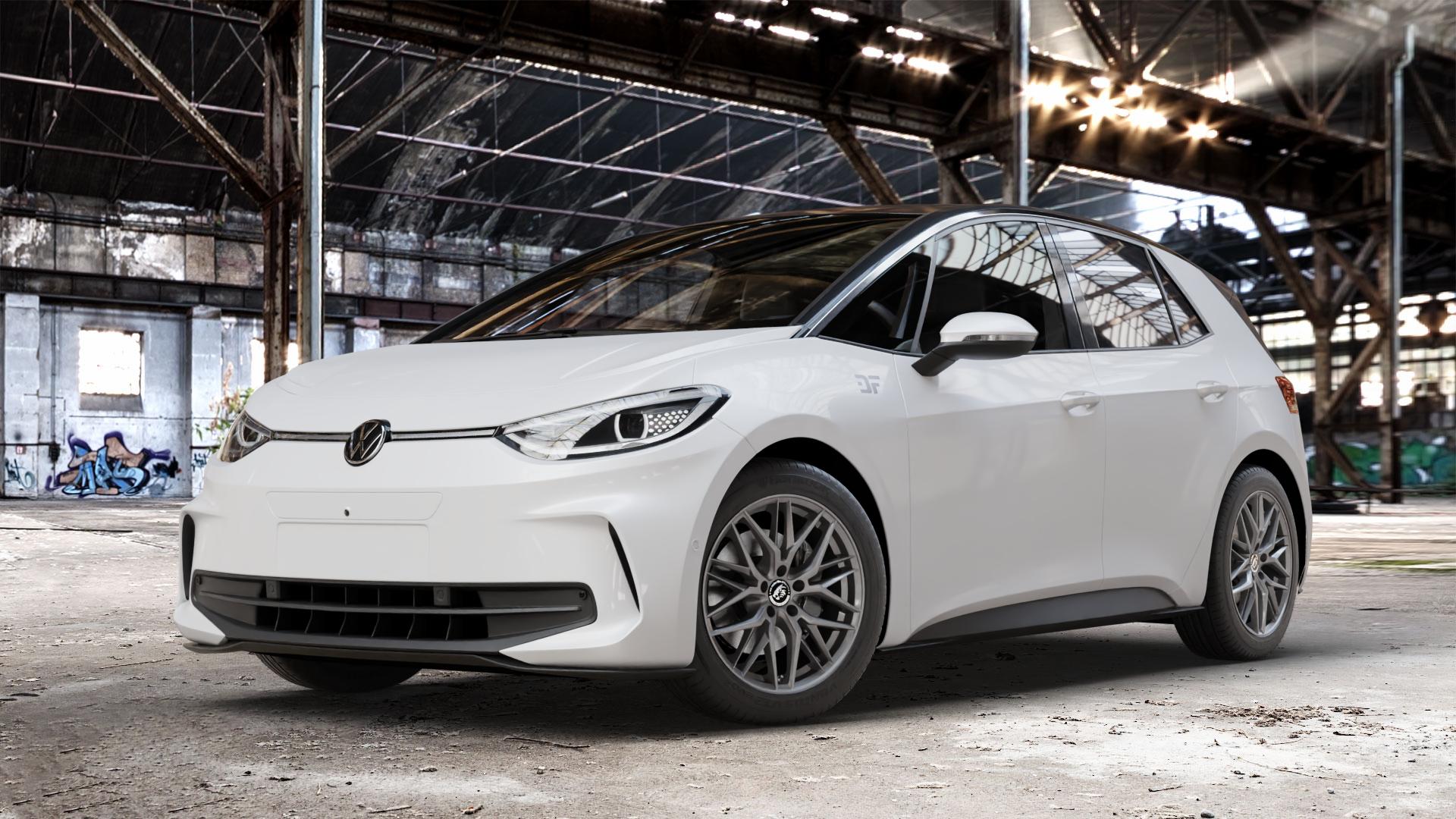 Damina Performance DM08 Anthrazit Felge mit Reifen grau in 18Zoll Winterfelge Alufelge auf weissem Volkswagen (VW) ID.3 Facelift ⬇️ mit 15mm Tieferlegung ⬇️ Old Industrial Hall_max_4400mm_2024 Frontansicht_1