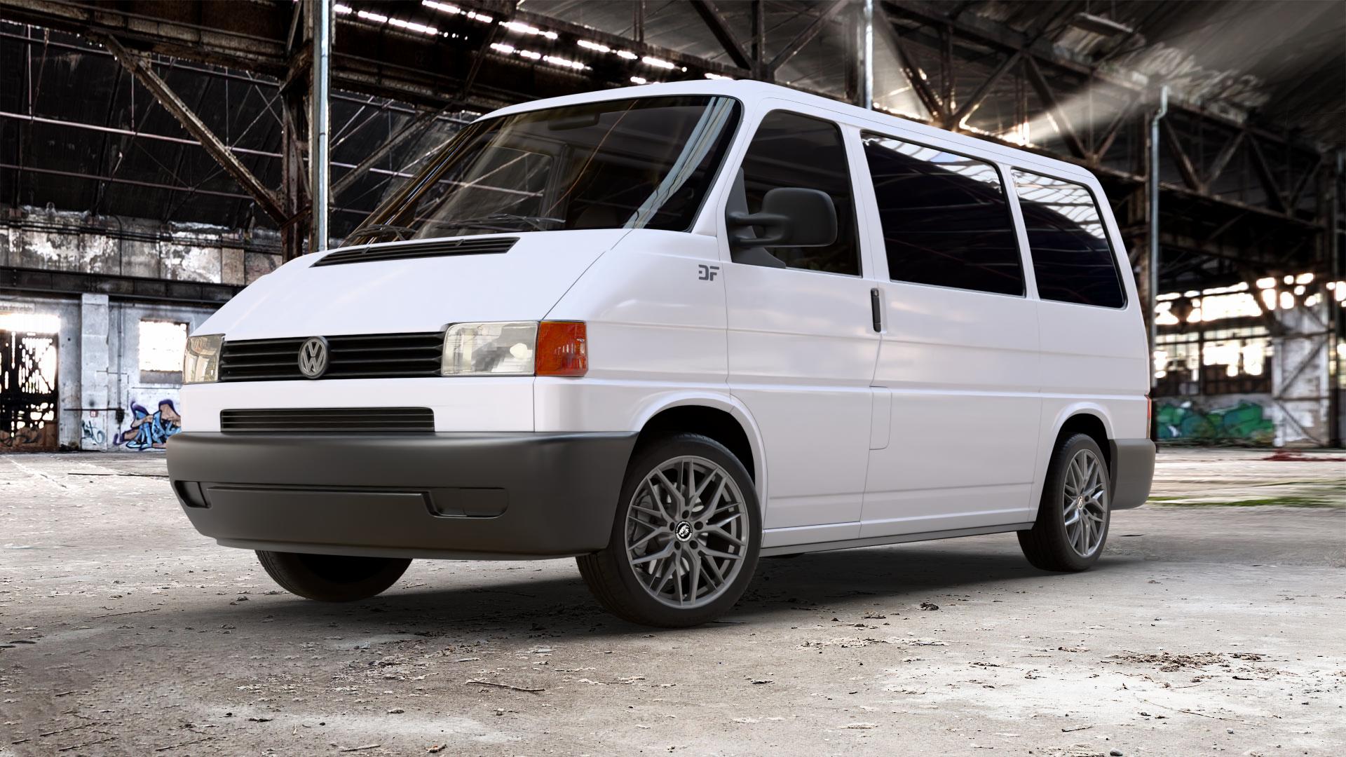 Damina Performance DM08 Anthrazit Felge mit Reifen grau in 18Zoll Winterfelge Alufelge auf weissem Volkswagen (VW) T4 California Caravelle Kleinbus Multivan Krankenwagen ⬇️ mit 15mm Tieferlegung ⬇️ Old Industrial Hall_max_5300mm_2024 Frontansicht_1