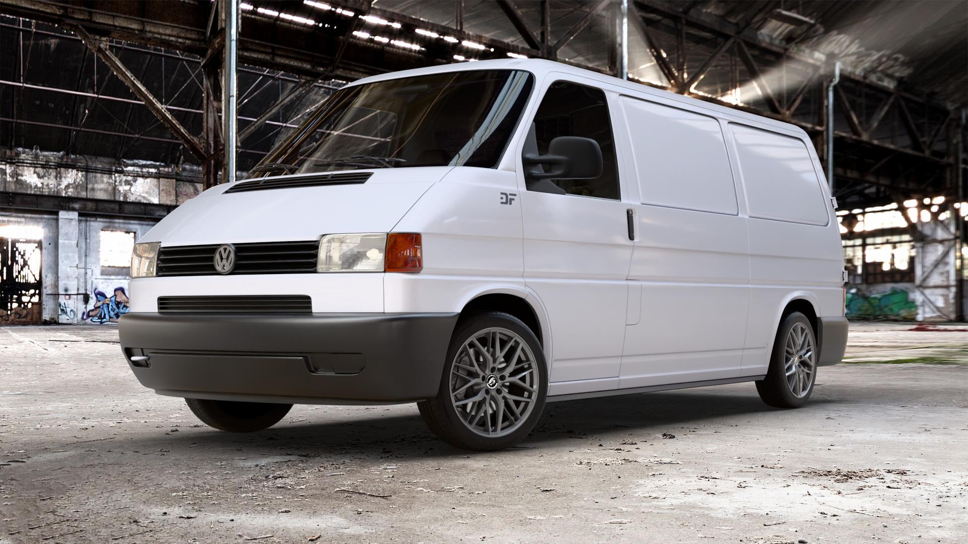 Damina Performance DM08 Anthrazit Felge mit Reifen grau in 18Zoll Winterfelge Alufelge auf weissem Volkswagen (VW) T4 Transporter ⬇️ mit 15mm Tieferlegung ⬇️ Old Industrial Hall_max_5300mm_2024 Frontansicht_1