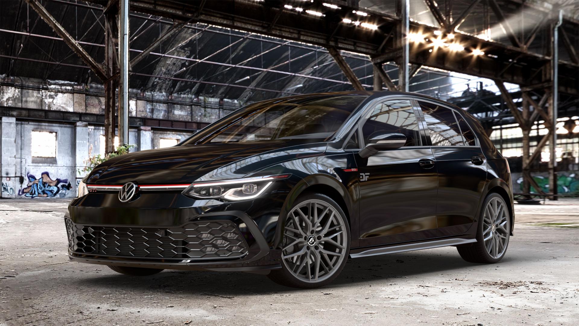 Damina Performance DM08 Anthrazit Felge mit Reifen grau in 19Zoll Winterfelge Alufelge auf schwarzem metallic Volkswagen (VW) Golf 8 2,0l GTI 180kW (245 PS) ⬇️ mit 15mm Tieferlegung ⬇️ Old Industrial Hall_max_4400mm_2024 Frontansicht_1