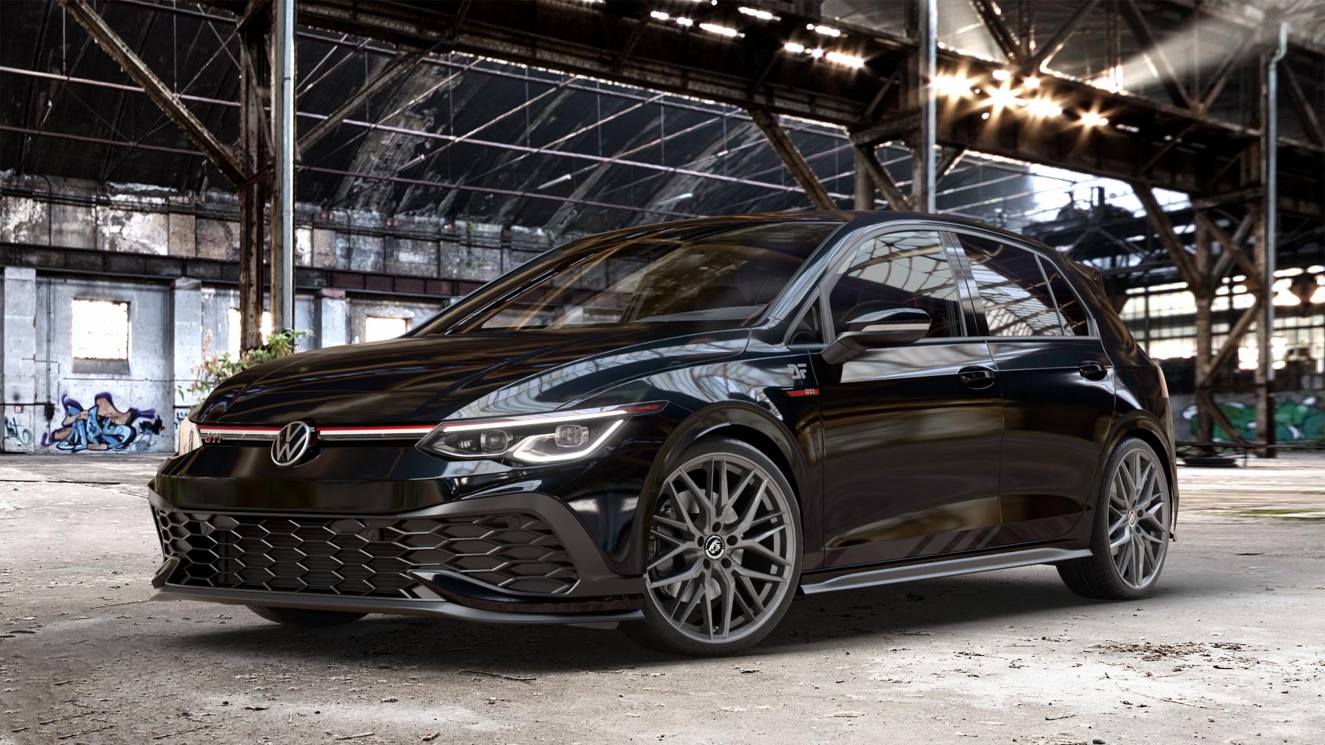 Damina Performance DM08 Anthrazit Felge mit Reifen grau in 19Zoll Winterfelge Alufelge auf schwarzem metallic Volkswagen (VW) Golf 8 2,0l GTI Clubsport 221kW (300 PS) ⬇️ mit 15mm Tieferlegung ⬇️ Old Industrial Hall_max_4400mm_2024 Frontansicht_1