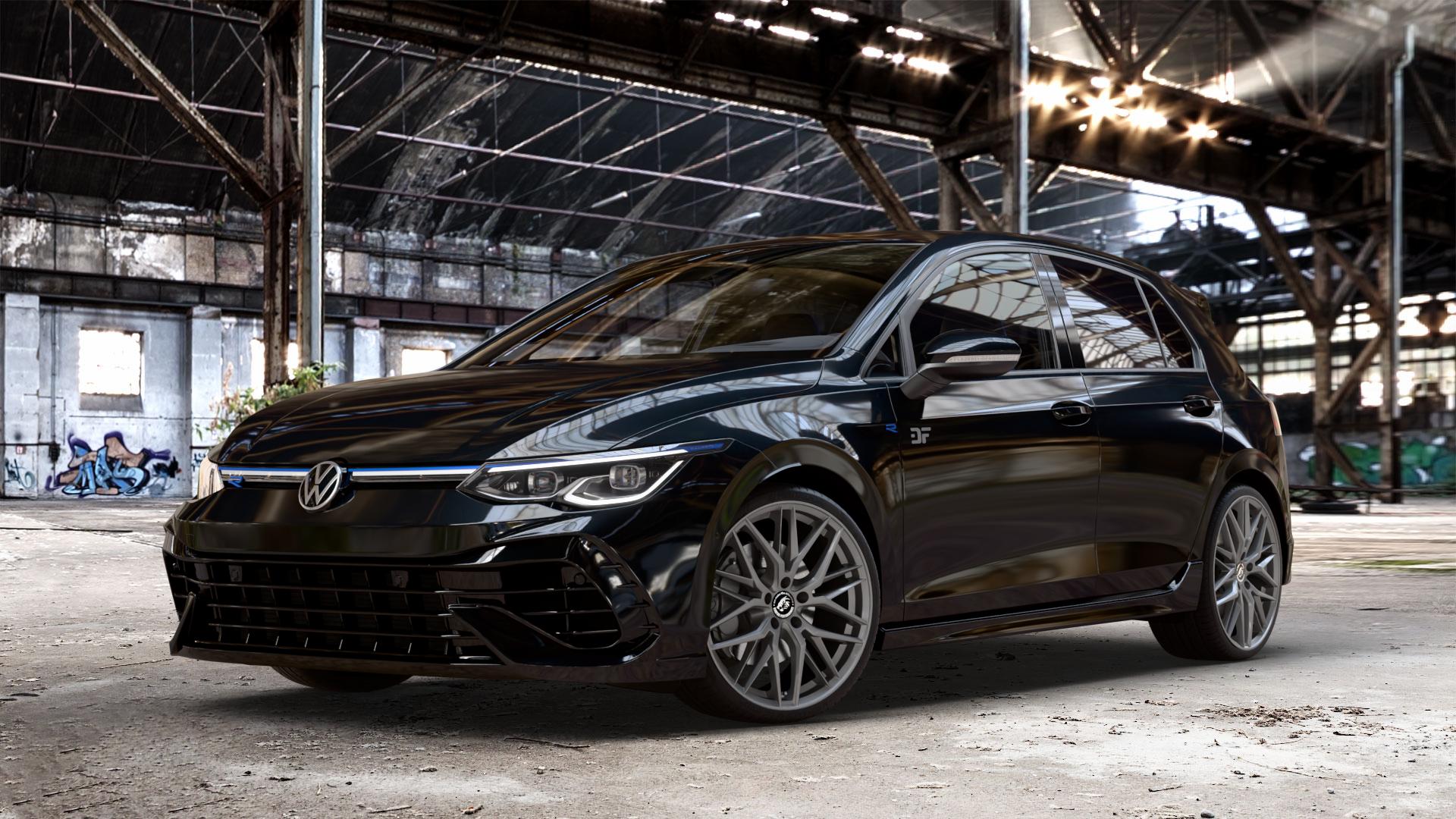 Damina Performance DM08 Anthrazit Felge mit Reifen grau in 19Zoll Winterfelge Alufelge auf schwarzem metallic Volkswagen (VW) Golf 8 2,0l R 4Motion 235kW (320 PS) 245kW 20 Years (333 ⬇️ mit 15mm Tieferlegung ⬇️ Old Industrial Hall_max_4400mm_2024 Frontansicht_1