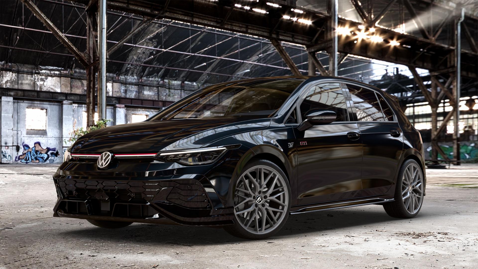 Damina Performance DM08 Anthrazit Felge mit Reifen grau in 19Zoll Winterfelge Alufelge auf schwarzem Volkswagen (VW) Golf 8 Facelift 2,0l GTI Clubsport 221kW (300 PS) ⬇️ mit 15mm Tieferlegung ⬇️ Old Industrial Hall_max_4400mm_2024 Frontansicht_1