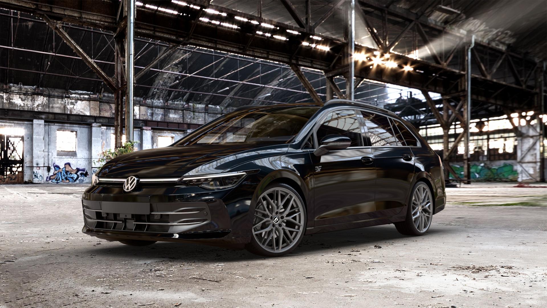 Damina Performance DM08 Anthrazit Felge mit Reifen grau in 19Zoll Winterfelge Alufelge auf schwarzem Volkswagen (VW) Golf 8 Variant Facelift ⬇️ mit 15mm Tieferlegung ⬇️ Old Industrial Hall_max_5300mm_2024 Frontansicht_1