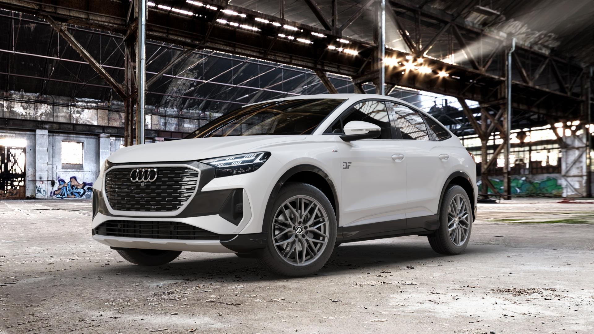Damina Performance DM08 Anthrazit Felge mit Reifen grau in 19Zoll Winterfelge Alufelge auf weissem Audi Q4 Sportback Typ FZ e-tron ⬇️ mit 15mm Tieferlegung ⬇️ Old Industrial Hall_max_5300mm_2024 Frontansicht_1