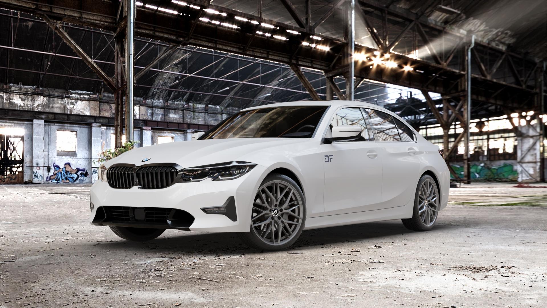 Damina Performance DM08 Anthrazit Felge mit Reifen grau in 19Zoll Winterfelge Alufelge auf weissem BMW 3er G20 Limousine (G3L) ⬇️ mit 15mm Tieferlegung ⬇️ Old Industrial Hall_max_5300mm_2024 Frontansicht_1