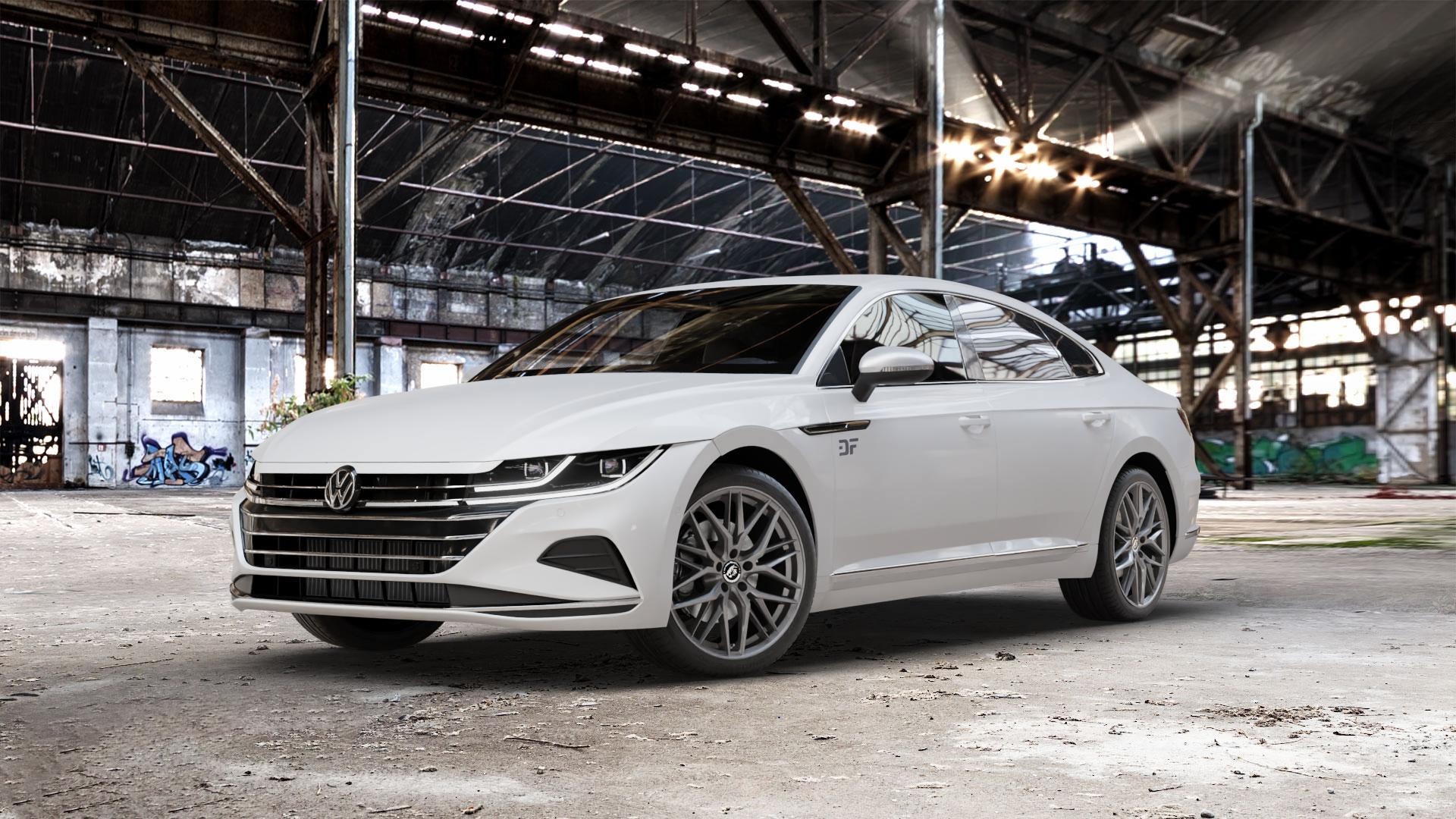Damina Performance DM08 Anthrazit Felge mit Reifen grau in 19Zoll Winterfelge Alufelge auf weissem Volkswagen (VW) Arteon Typ 3H Facelift ⬇️ mit 15mm Tieferlegung ⬇️ Old Industrial Hall_max_5300mm_2024 Frontansicht_1