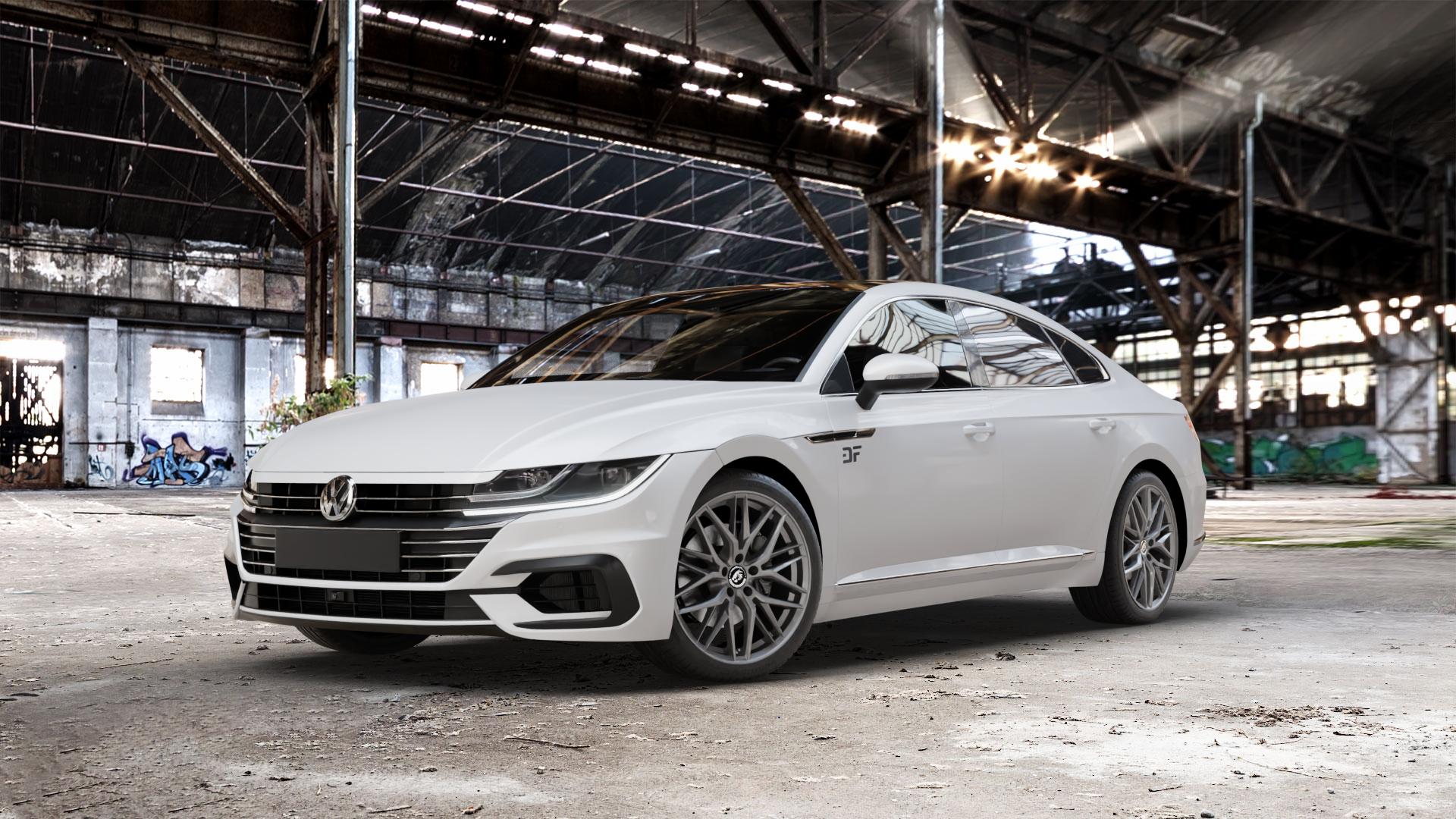 Damina Performance DM08 Anthrazit Felge mit Reifen grau in 19Zoll Winterfelge Alufelge auf weissem Volkswagen (VW) Arteon Typ 3H ⬇️ mit 15mm Tieferlegung ⬇️ Old Industrial Hall_max_5300mm_2024 Frontansicht_1