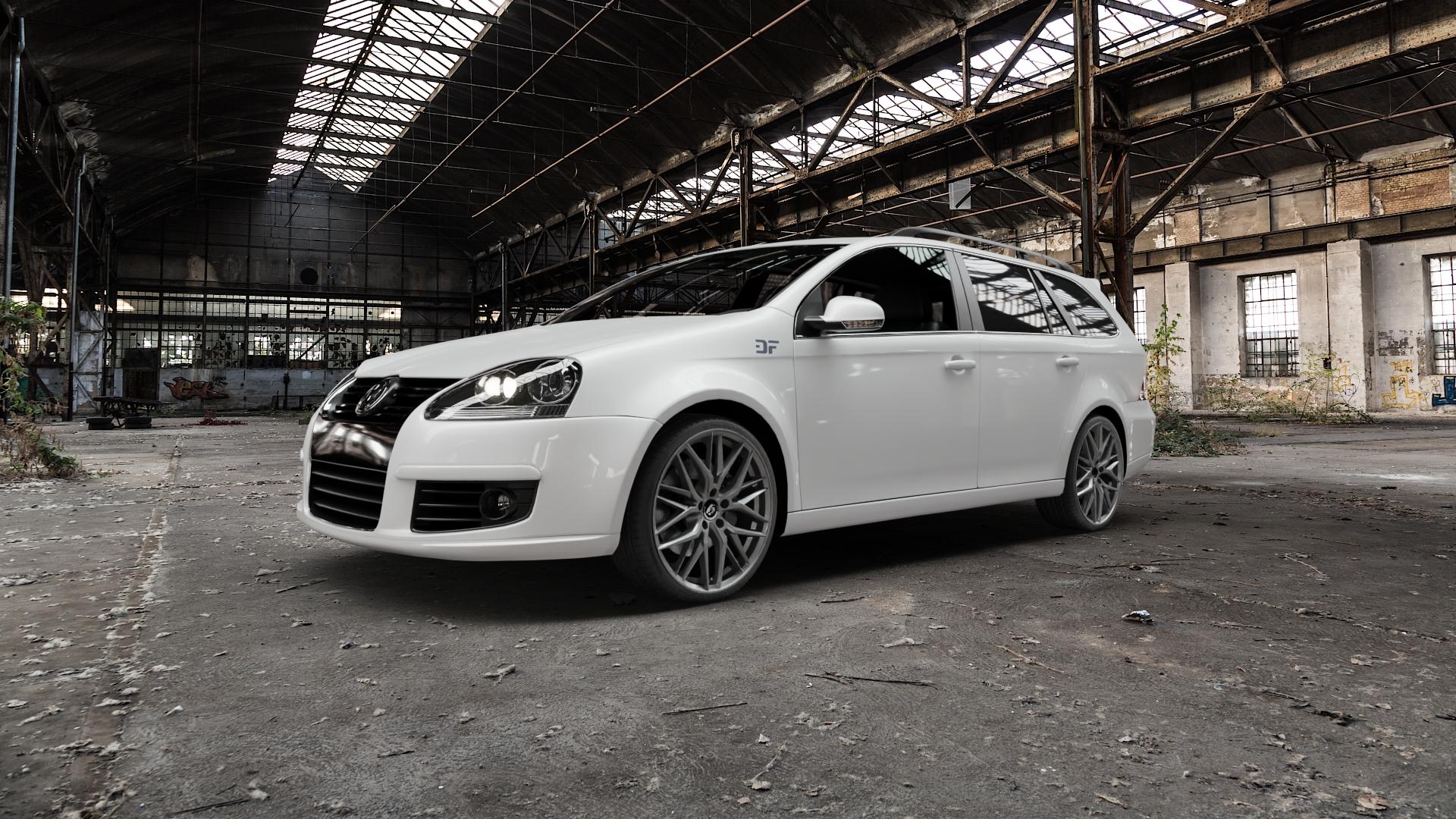 Damina Performance DM08 Anthrazit Felge mit Reifen grau in 19Zoll Winterfelge Alufelge auf weissem Volkswagen (VW) Golf 5 Variant ⬇️ mit 15mm Tieferlegung ⬇️ Old Industrial Hall_max5000mm_2022 Frontansicht_1