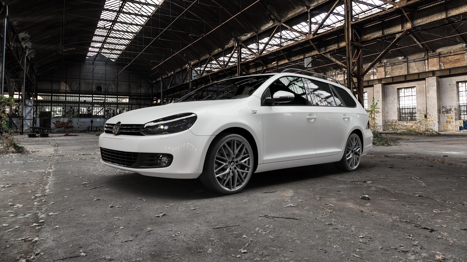 Damina Performance DM08 Anthrazit Felge mit Reifen grau in 19Zoll Winterfelge Alufelge auf weissem Volkswagen (VW) Golf 6 Variant ⬇️ mit 15mm Tieferlegung ⬇️ Old Industrial Hall_max5000mm_2022 Frontansicht_1
